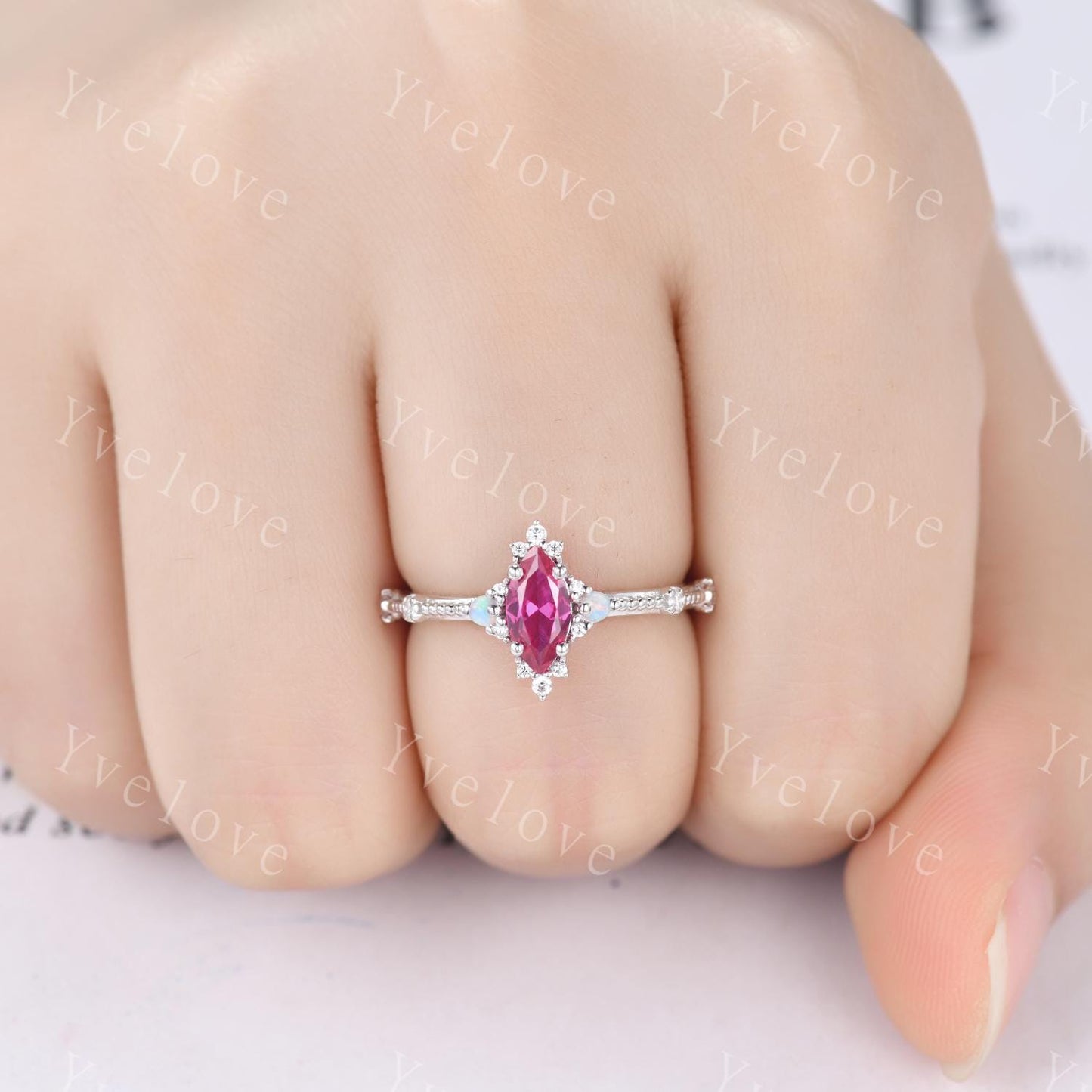 Vintage Marquise Cut Red Ruby Engagement Ring,White Opal Moissanite Wedding Band,Milgrain,Solid White Gold,Women Promise Gift For Her,Custom