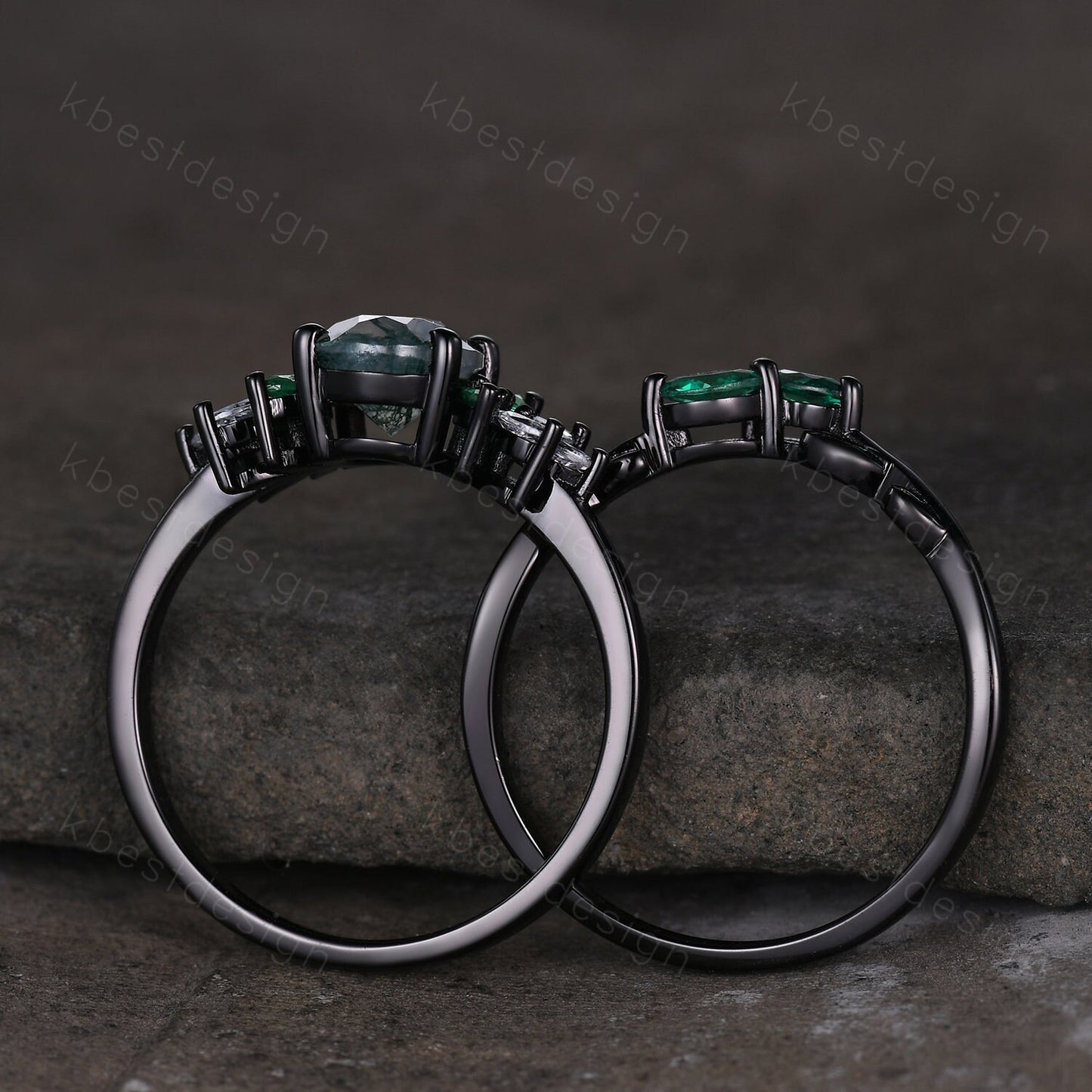 Vintage Opal Emerald Engagement Ring Unique Marquise Moissanite Cluster Ring Black Gold Ring Oval cut Bridal Set White Fire Opal Wedding Set