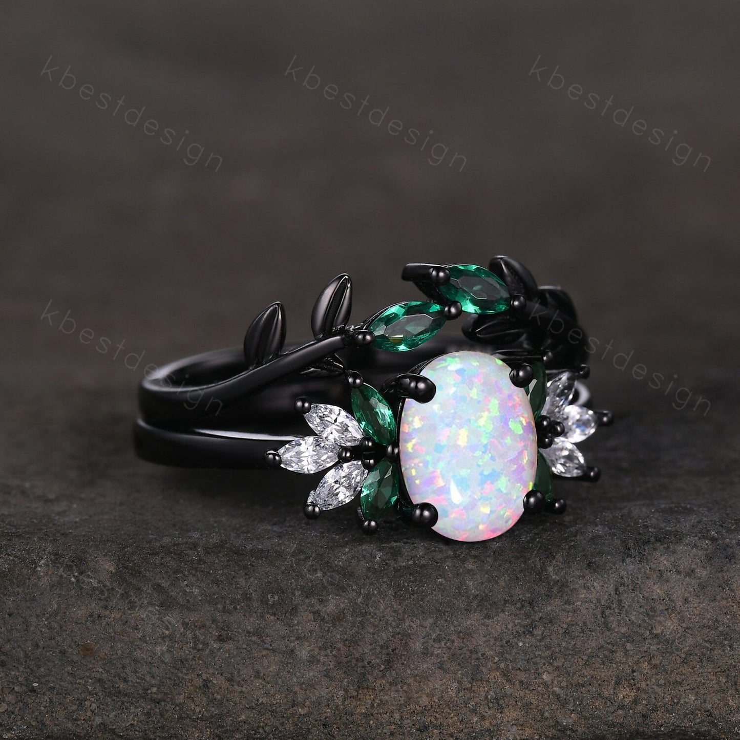 Vintage Opal Emerald Engagement Ring Unique Marquise Moissanite Cluster Ring Black Gold Ring Oval cut Bridal Set White Fire Opal Wedding Set
