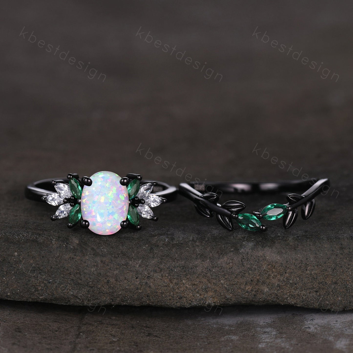 Vintage Opal Emerald Engagement Ring Unique Marquise Moissanite Cluster Ring Black Gold Ring Oval cut Bridal Set White Fire Opal Wedding Set