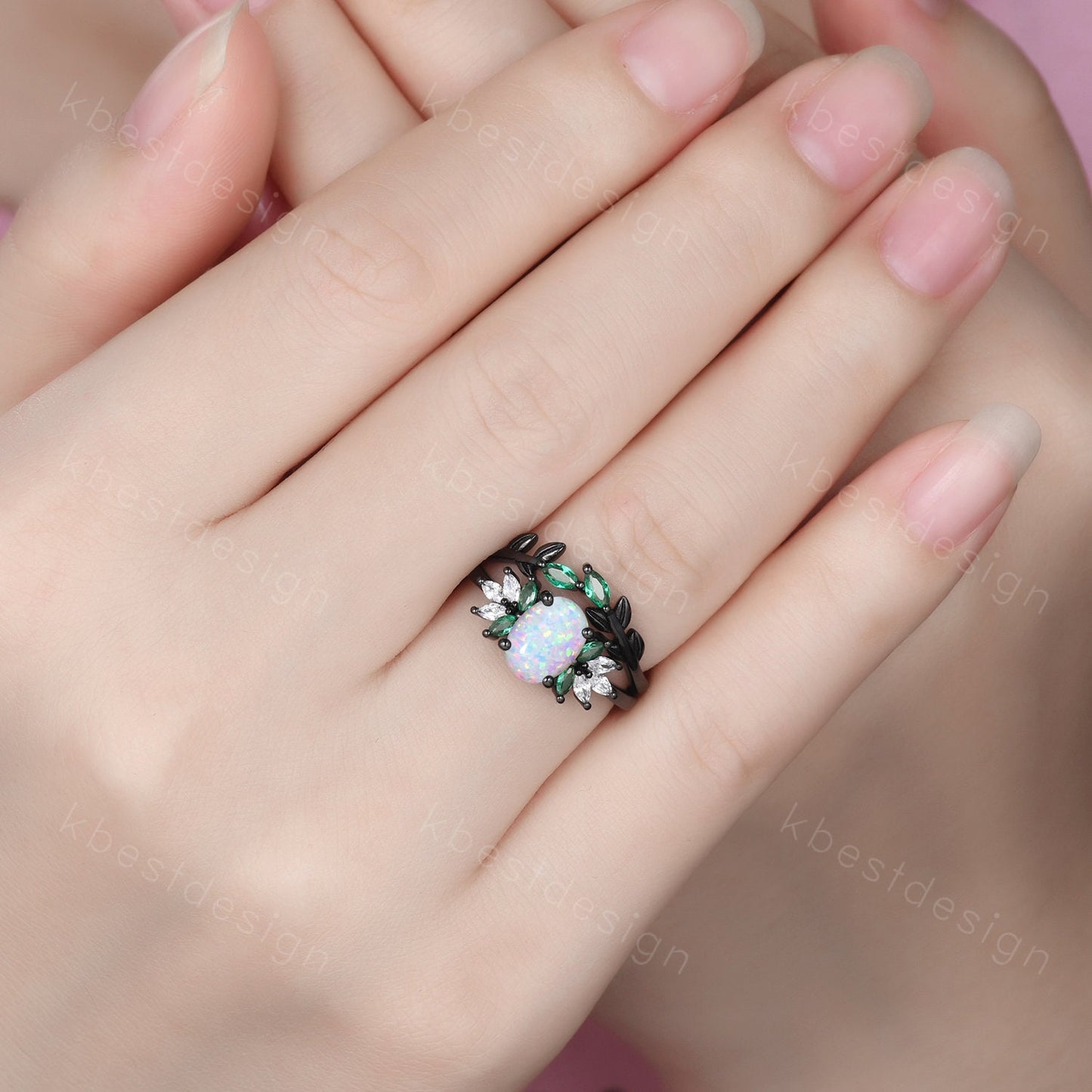 Vintage Opal Emerald Engagement Ring Unique Marquise Moissanite Cluster Ring Black Gold Ring Oval cut Bridal Set White Fire Opal Wedding Set