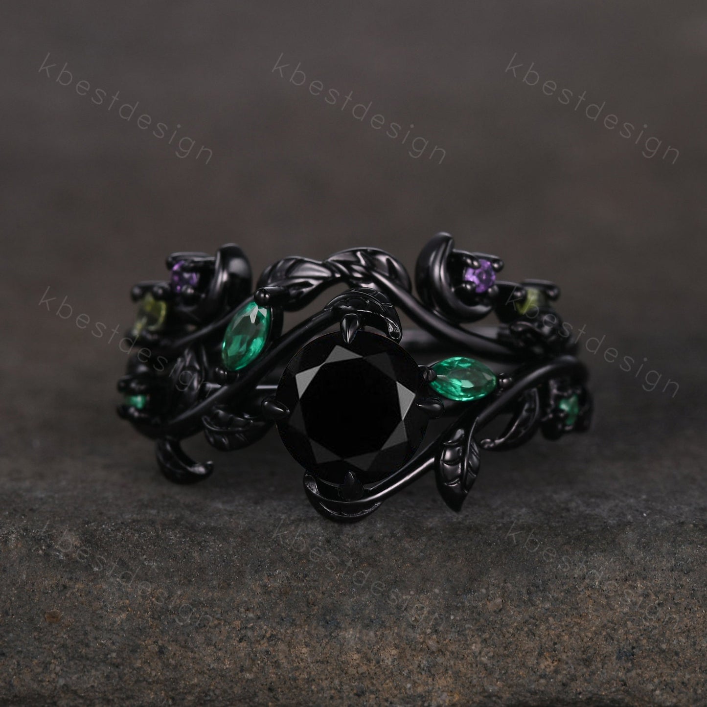 Vintage round cut black onyx engagement ring black gold emerald cluster leaf wedding ring set nature inspired bridal promise ring for her