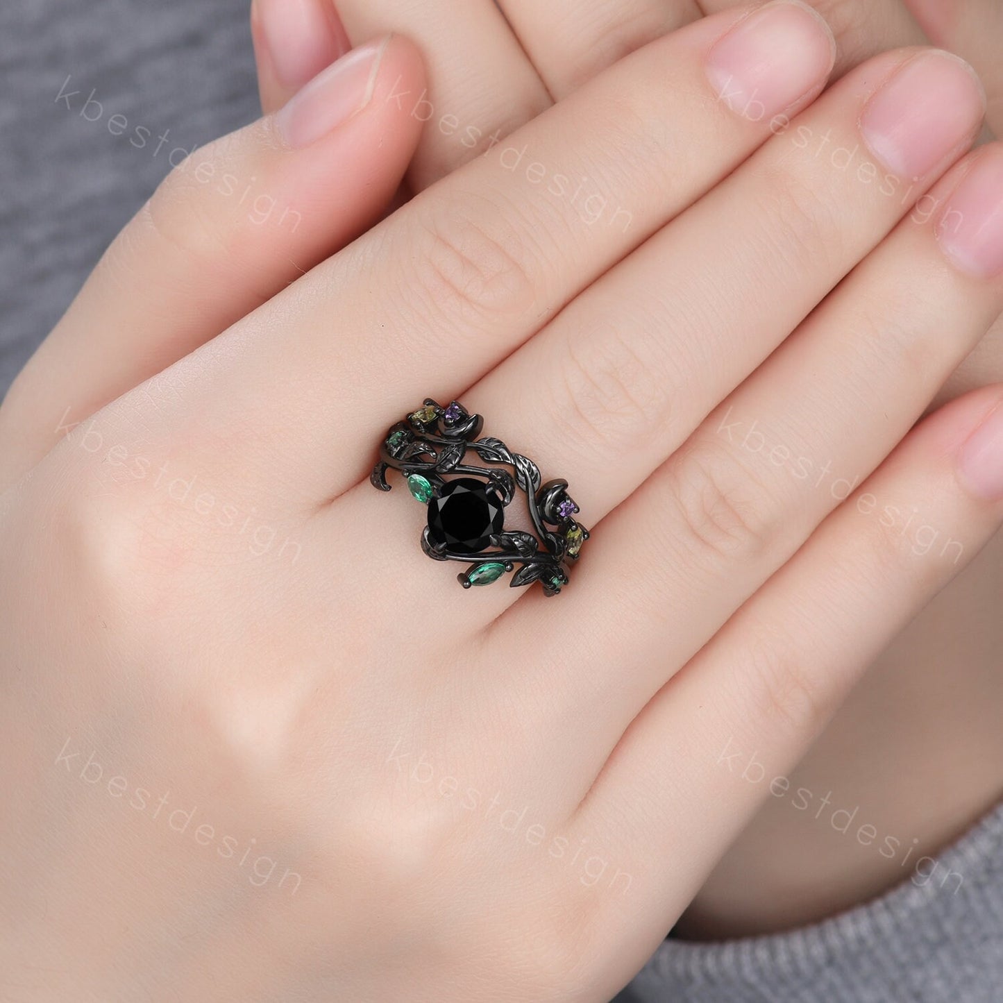 Vintage round cut black onyx engagement ring black gold emerald cluster leaf wedding ring set nature inspired bridal promise ring for her