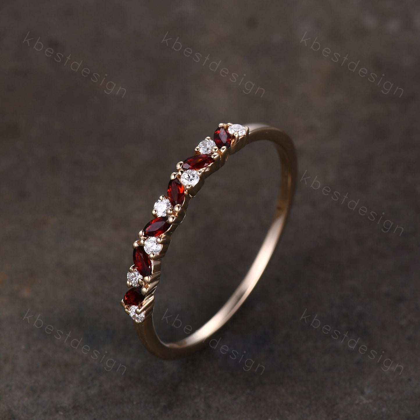 Garnet cluster wedding band Unique marquise cut garnet wedding band Vintage Moissanite ring Solid rose gold ring Anniversary gift for Her