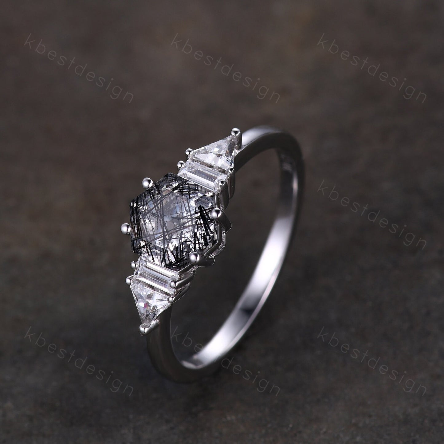 Hexagon cut black rutilated quartz engagement ring vintage unique multi shaped moissanite ring art deco promise ring anniversary gift