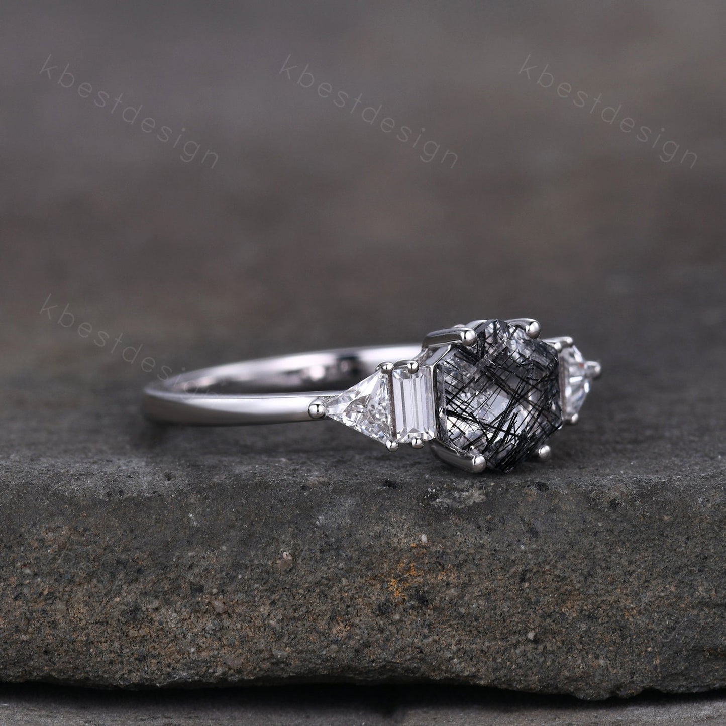 Hexagon cut black rutilated quartz engagement ring vintage unique multi shaped moissanite ring art deco promise ring anniversary gift