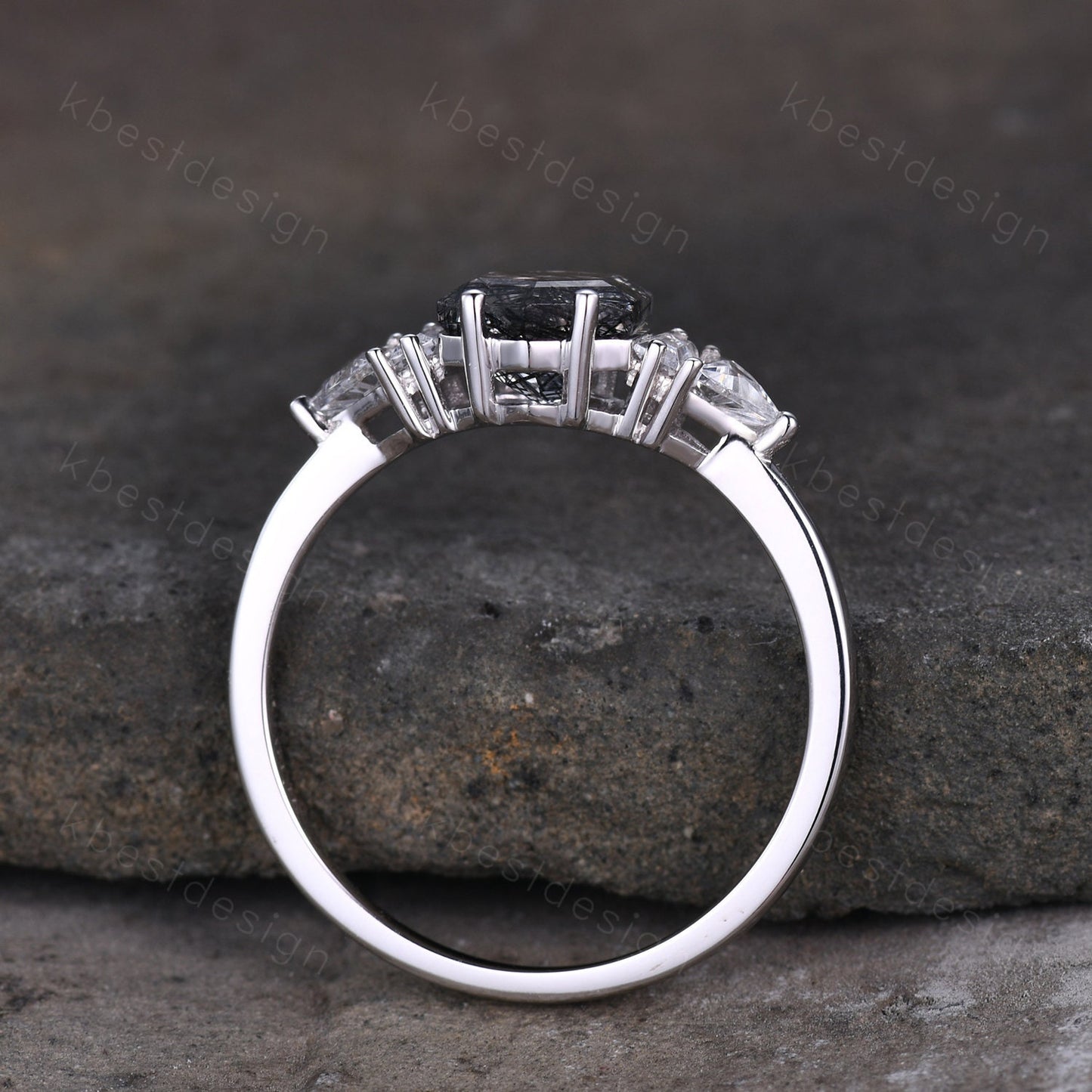 Hexagon cut black rutilated quartz engagement ring vintage unique multi shaped moissanite ring art deco promise ring anniversary gift