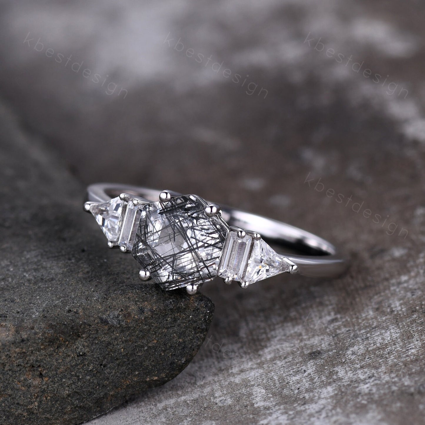 Hexagon cut black rutilated quartz engagement ring vintage unique multi shaped moissanite ring art deco promise ring anniversary gift