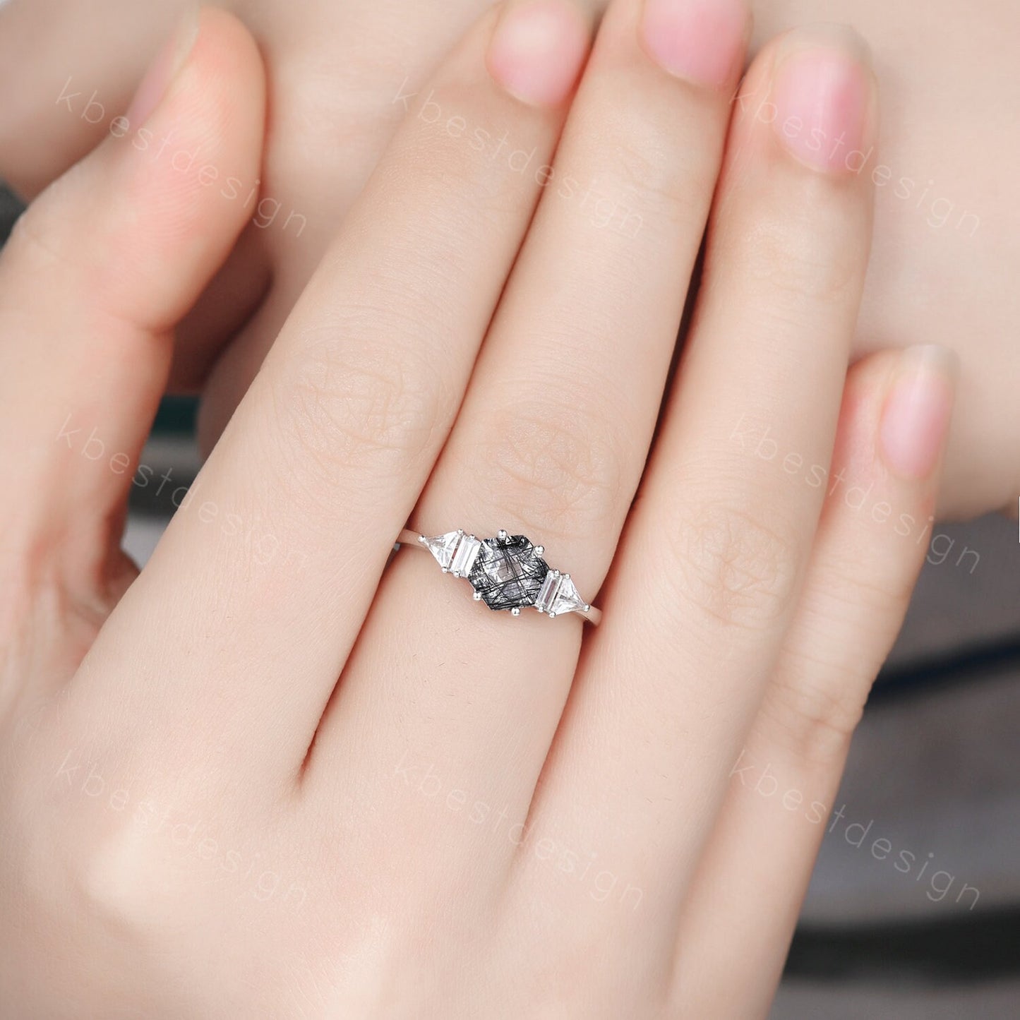Hexagon cut black rutilated quartz engagement ring vintage unique multi shaped moissanite ring art deco promise ring anniversary gift