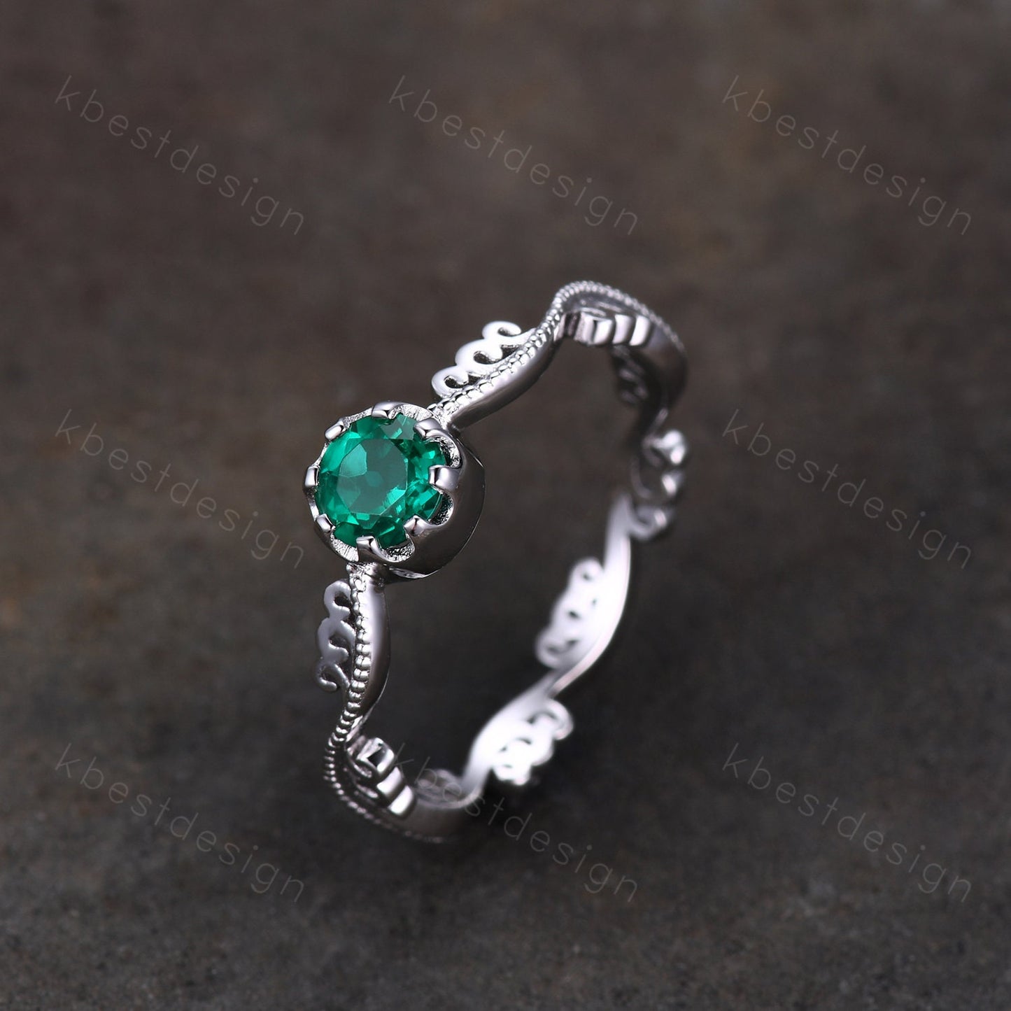 Antique emerald engagement ring 5mm round cut green emerald ring art deco filigree ring unique design bridal promise ring May birthstone