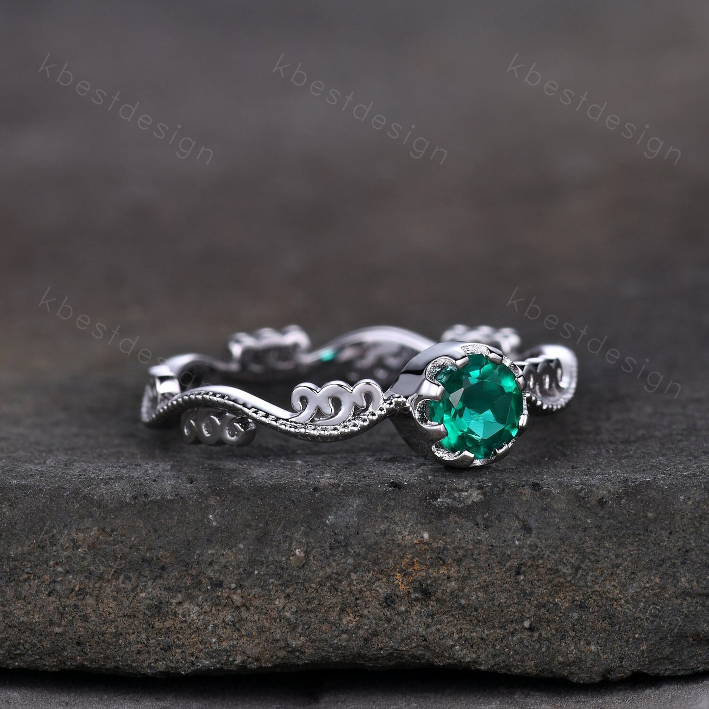 Antique emerald engagement ring 5mm round cut green emerald ring art deco filigree ring unique design bridal promise ring May birthstone