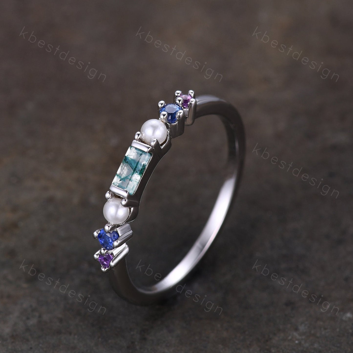 Baguette Moss Agate Ring,Blue Sapphire and Pearl Wedding Band,Unique Multi Gemstone Ring,Birthstone Jewelry,Gift For Mom,Personalized Gift