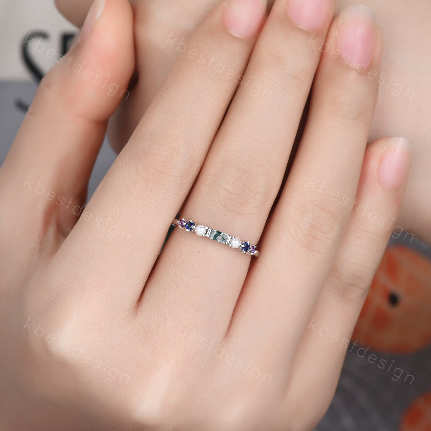 Baguette Moss Agate Ring,Blue Sapphire and Pearl Wedding Band,Unique Multi Gemstone Ring,Birthstone Jewelry,Gift For Mom,Personalized Gift