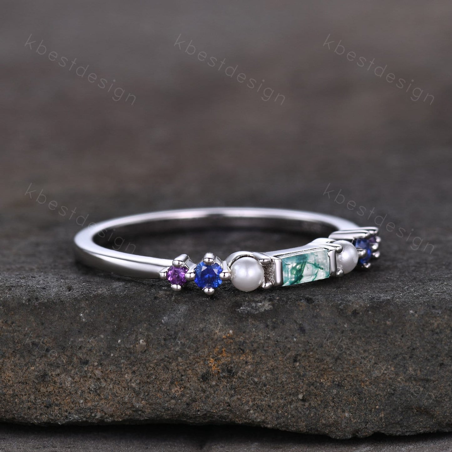 Baguette Moss Agate Ring,Blue Sapphire and Pearl Wedding Band,Unique Multi Gemstone Ring,Birthstone Jewelry,Gift For Mom,Personalized Gift