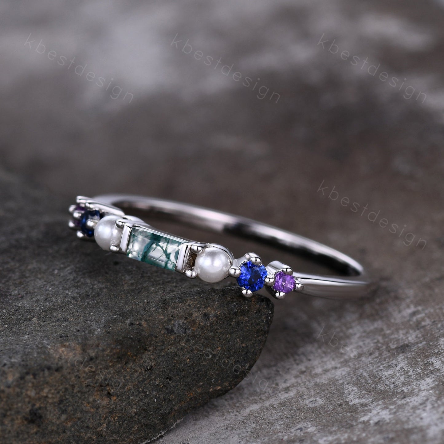 Baguette Moss Agate Ring,Blue Sapphire and Pearl Wedding Band,Unique Multi Gemstone Ring,Birthstone Jewelry,Gift For Mom,Personalized Gift