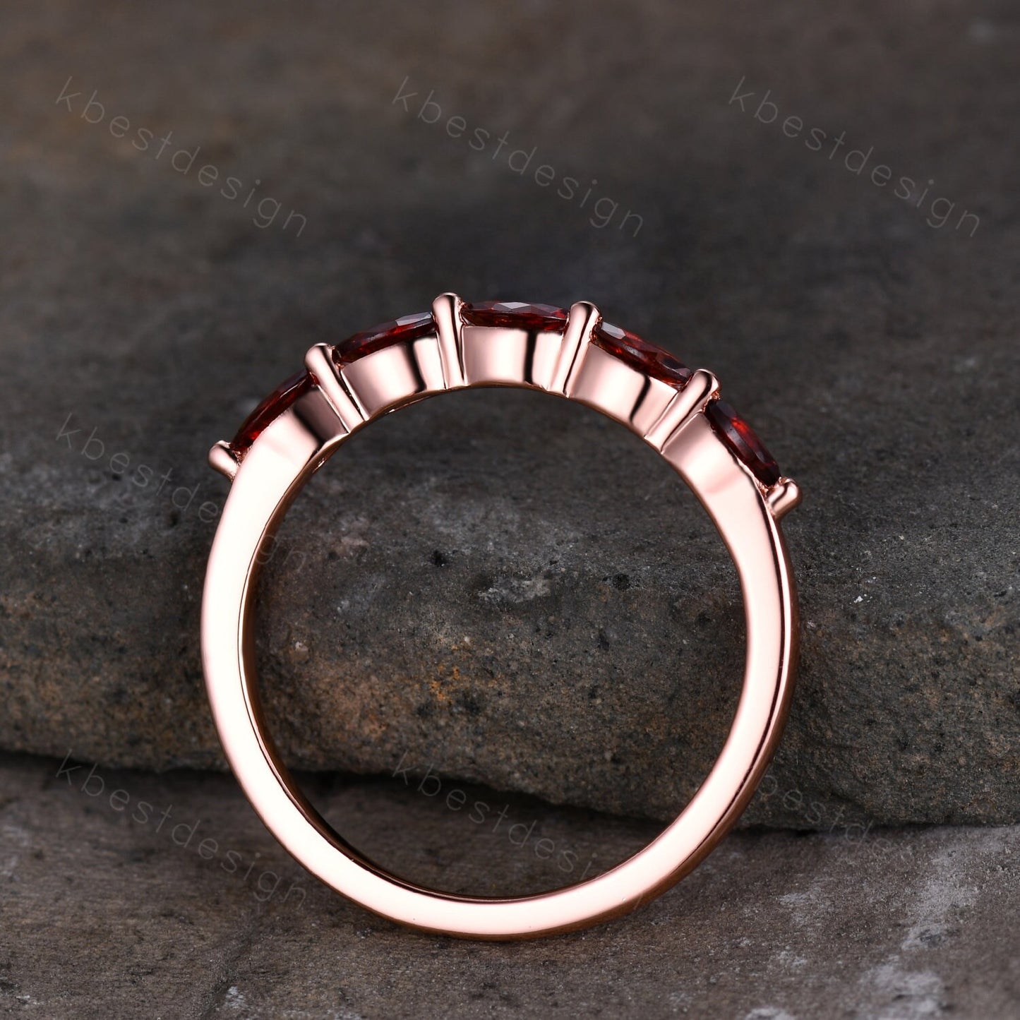 Marquise cut Garnet Wedding Band,Rose Gold Wedding Band,Unique Five Stone Ring,January Birthstone Jewelry,Gift For Mom,Personalized Ring
