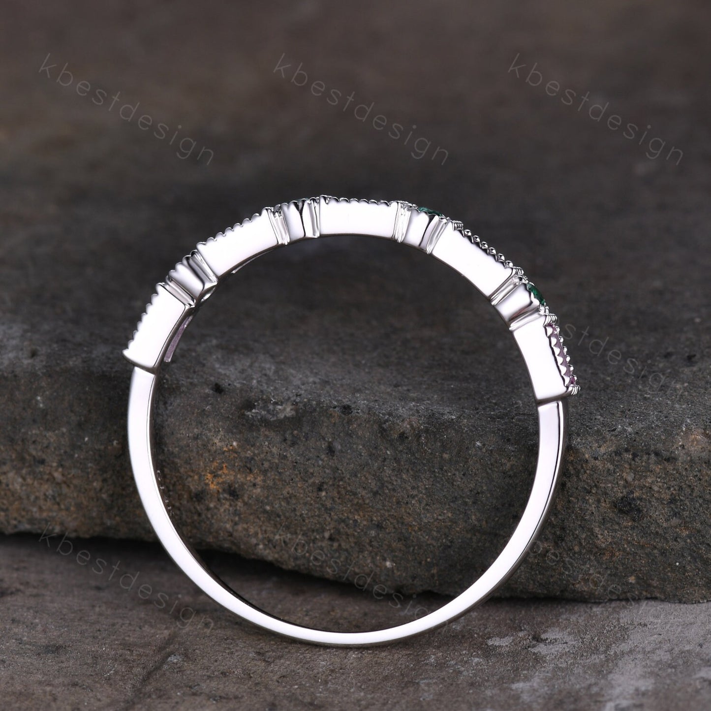 Baguette cut pink sapphire wedding band unique art deco half eternity band silver emerald band dainty stacking band anniversary gift
