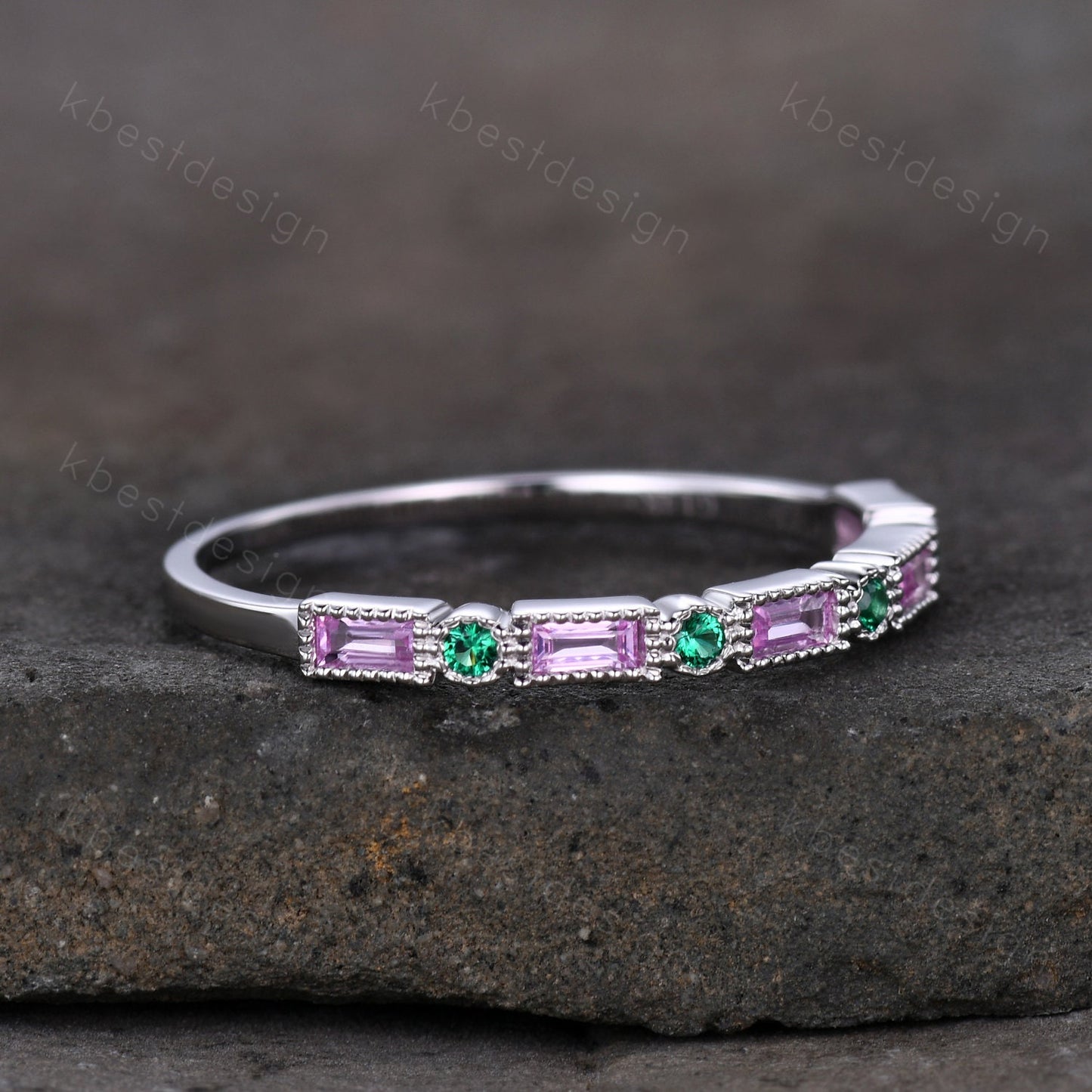 Baguette cut pink sapphire wedding band unique art deco half eternity band silver emerald band dainty stacking band anniversary gift