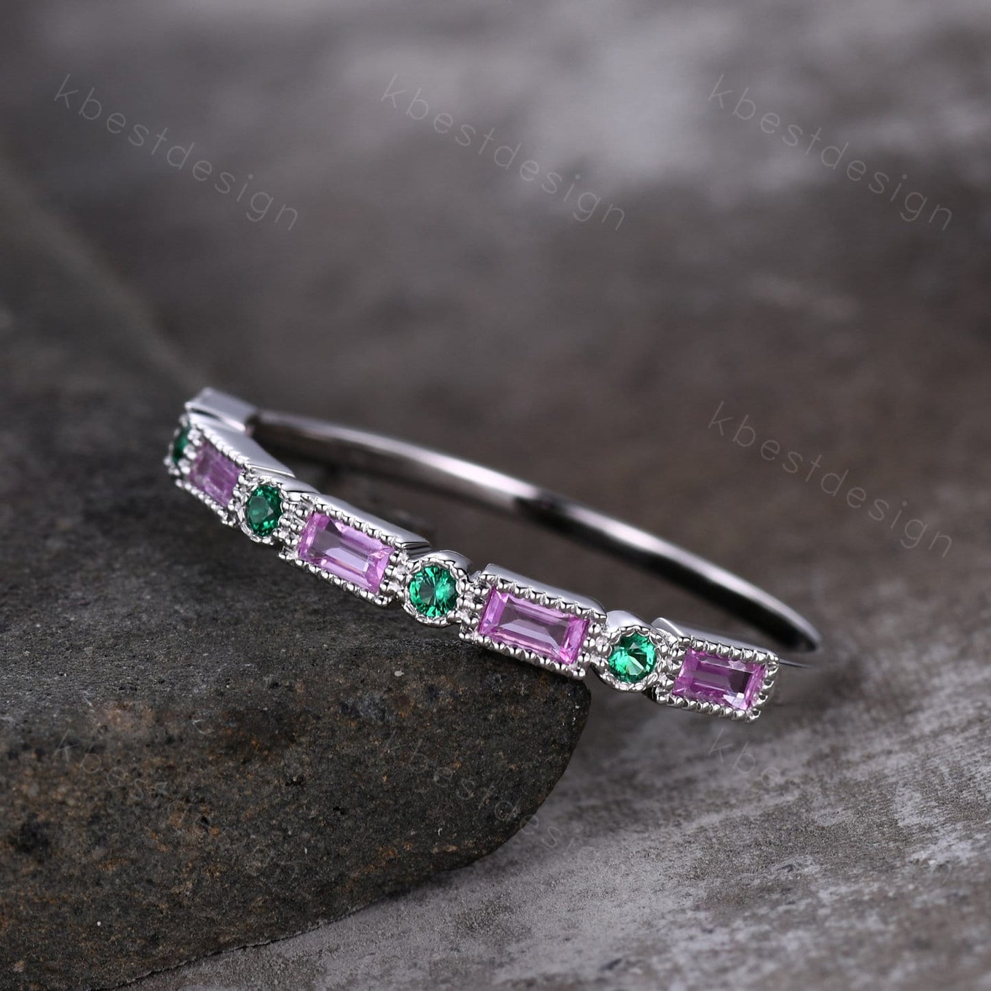 Baguette cut pink sapphire wedding band unique art deco half eternity band silver emerald band dainty stacking band anniversary gift