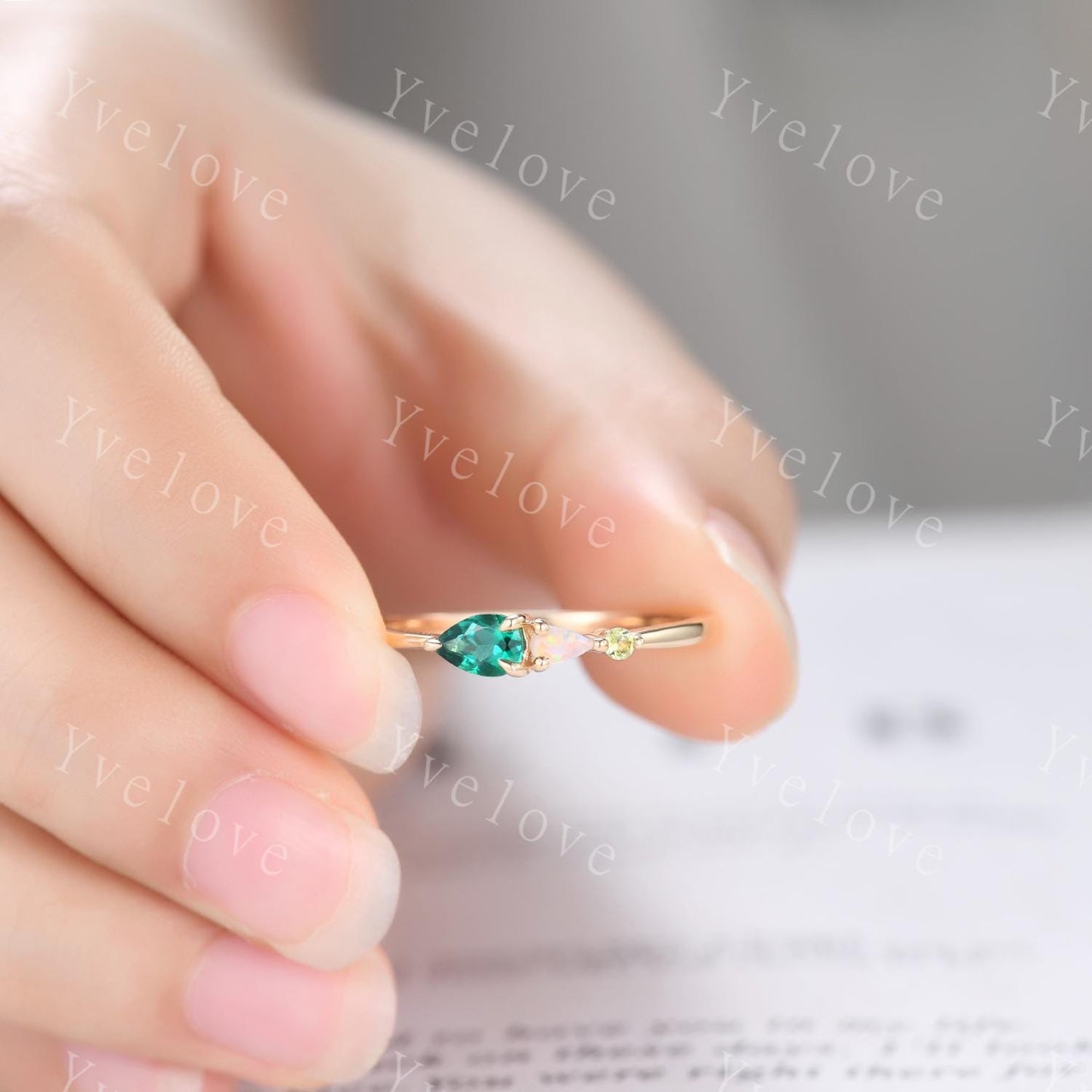 Vintage Emerald Peridot Engagement Ring,Pear Cut Gems,Art Deco Opal Wedding Band,3 Stone Unique Women Bridal Promise Ring,Customized Gift