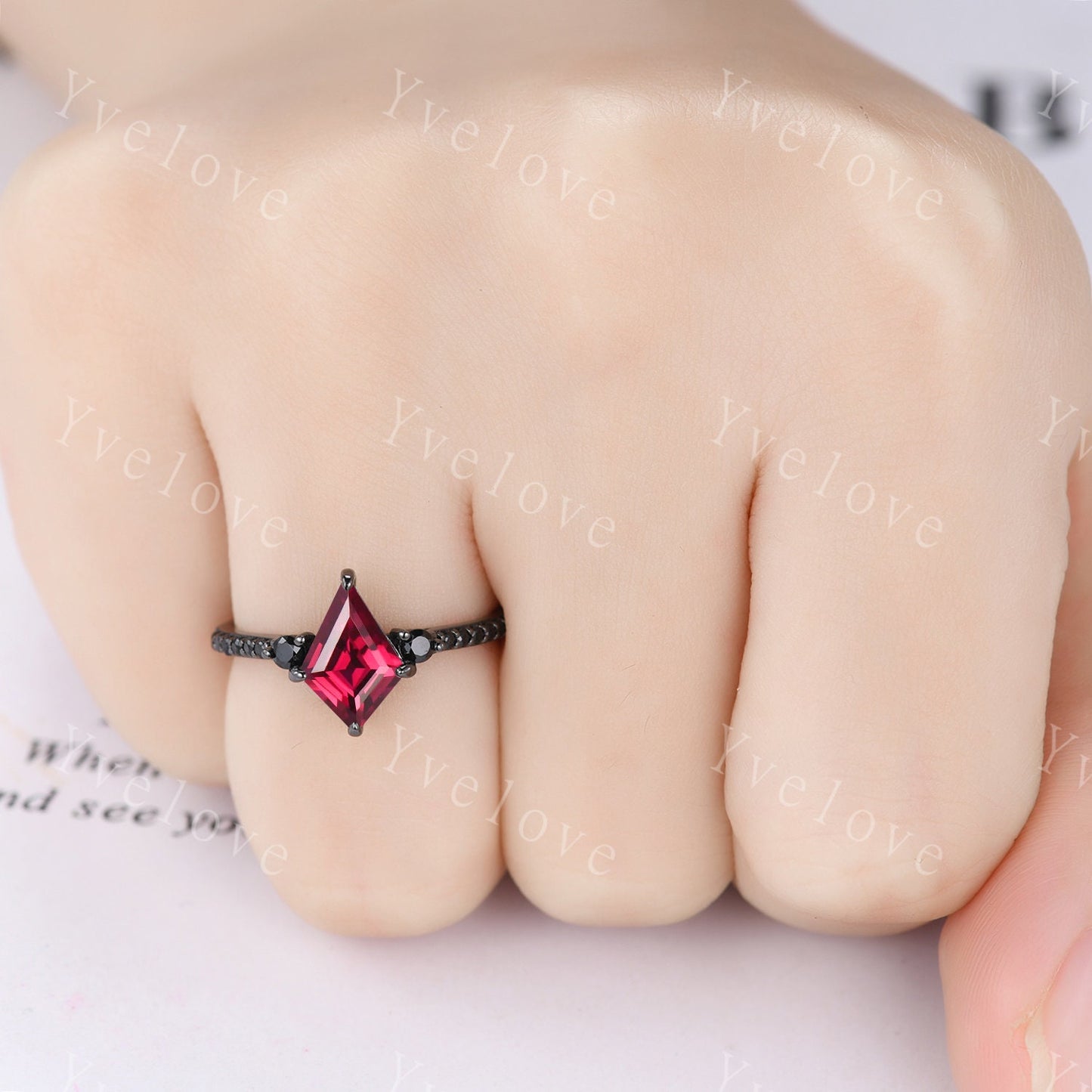 Retro Kite Red Ruby Engagement Ring,Vintage Black Silver Ring Set,Unique Black Spinel Diamond Promise Ring Anniversary Gift July Birthstone