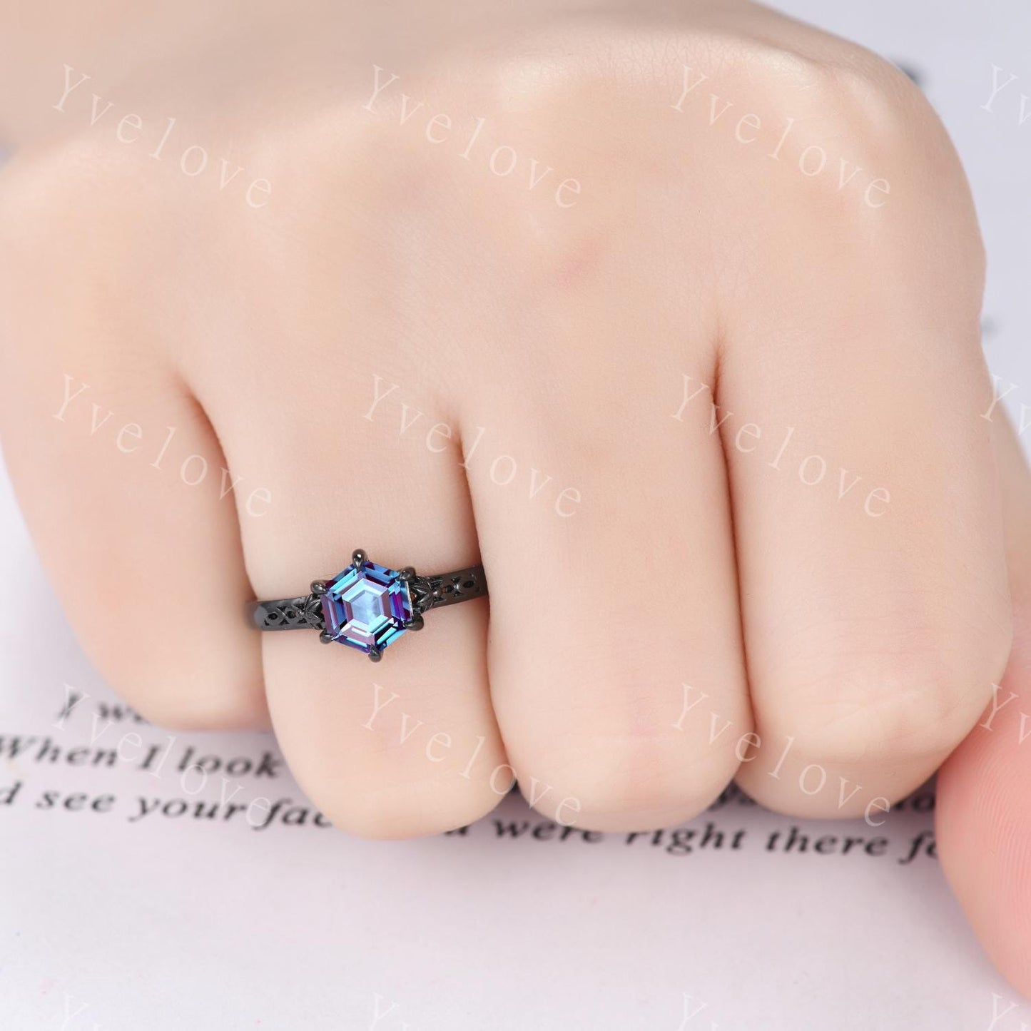 Vintage Alexandrite Engagement Ring Set,Black Gold Ring,Hexagon Cut Bridal Ring,Art Deco Alexandrite Stackable Band,Promise Gift For Her