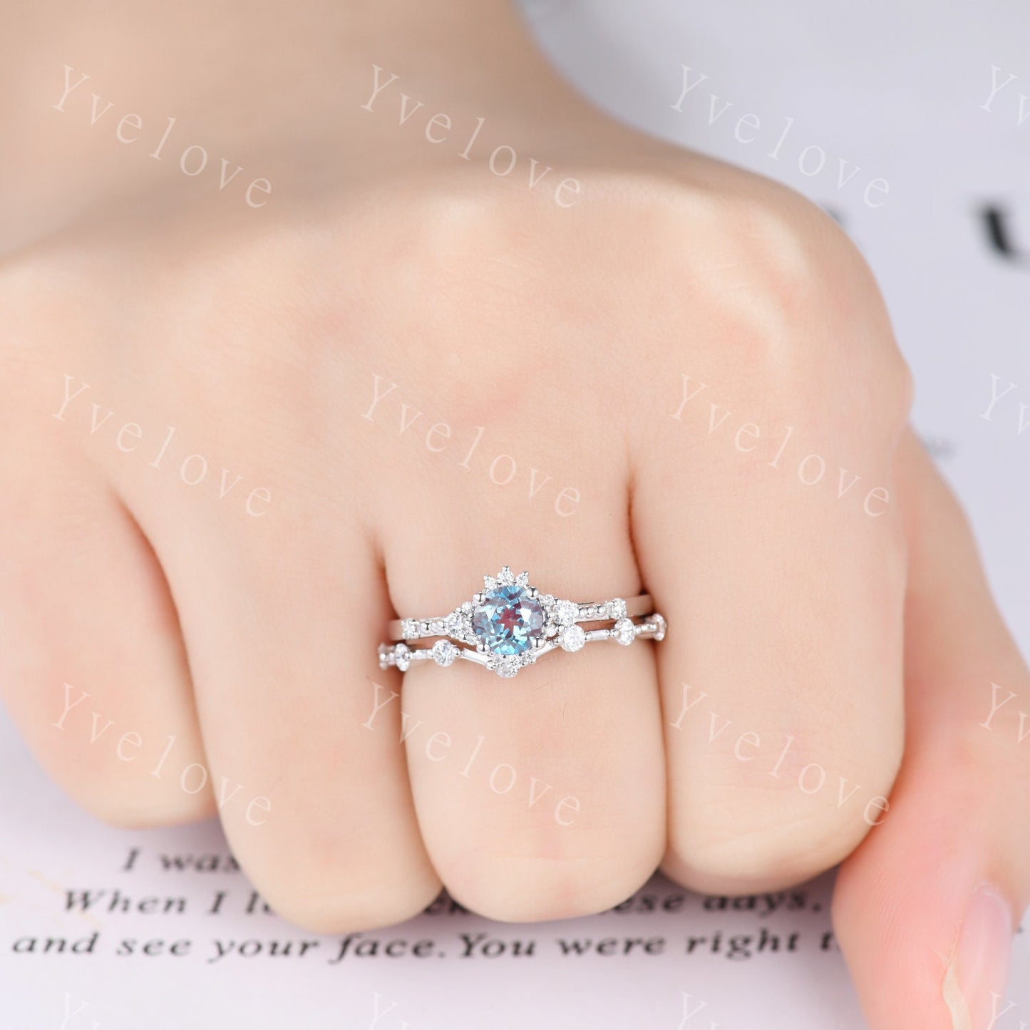 Alexandrite Ring Set Rose Gold Floral Engagement Ring For Women Promise Bridal Jewelry Diamond Moissanite Half Eternity Matching Band