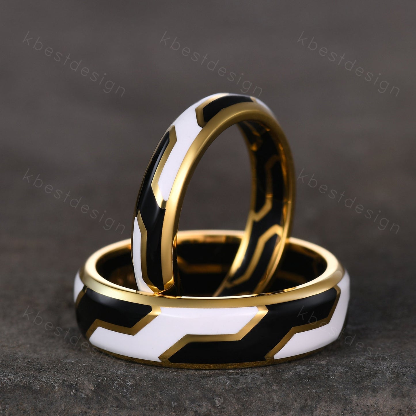 Gothic Black & White Enamel Couple Rings Yellow Gold Irregular Matching Rings His and Hers Wedding Band Best Friend Rings Anniversary Gifts