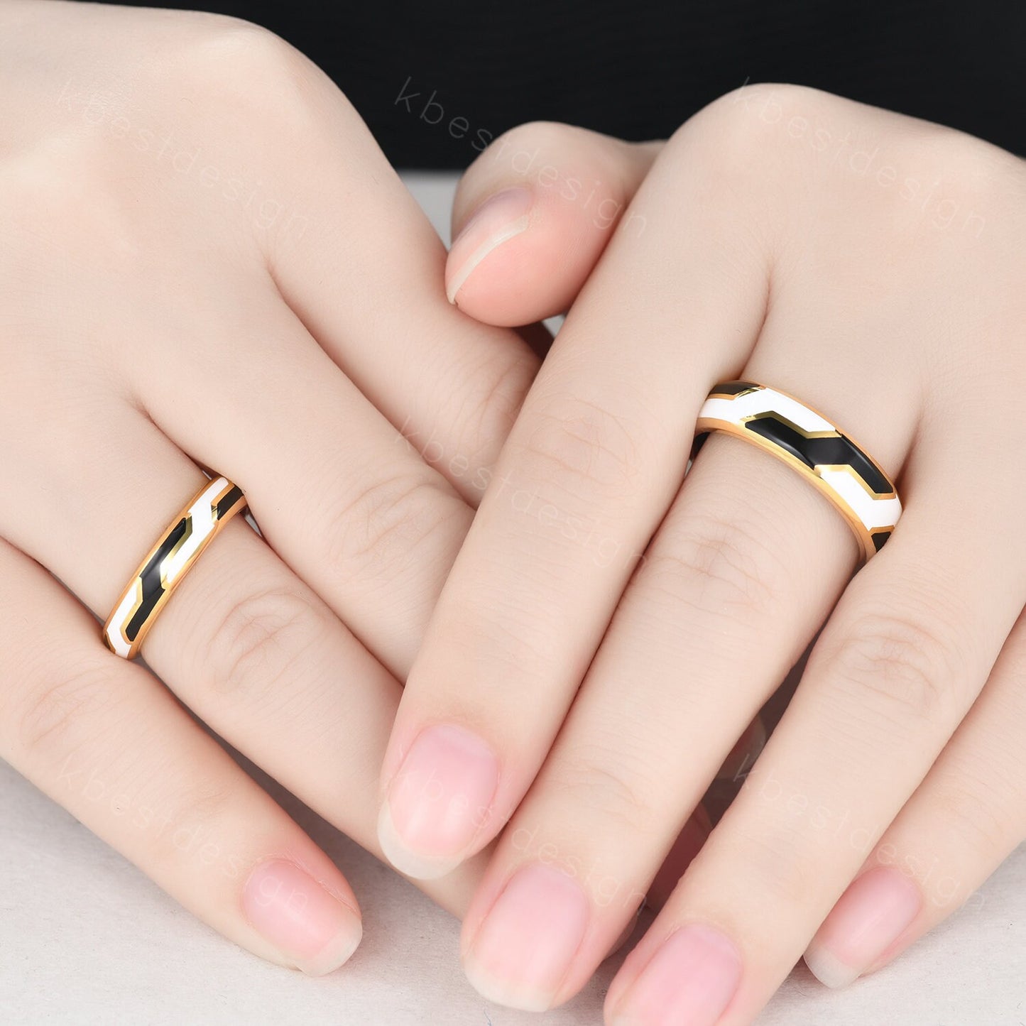 Gothic Black & White Enamel Couple Rings Yellow Gold Irregular Matching Rings His and Hers Wedding Band Best Friend Rings Anniversary Gifts