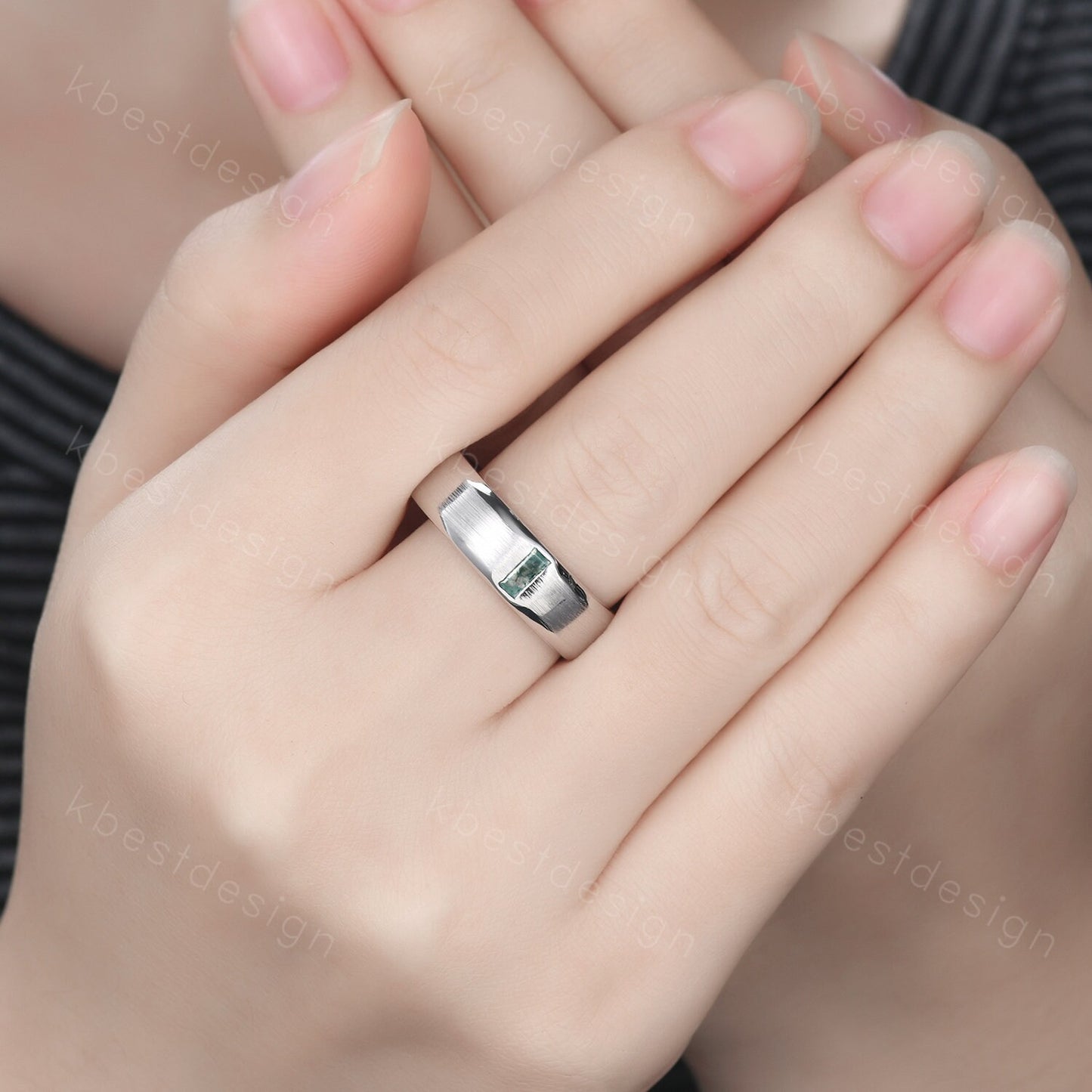 Mens Moss Agate Wedding Band Unique Baguette cut Green Moss Agate Wedding Ring For Men Brushed Finish Band Ring Promise Gift For Husband
