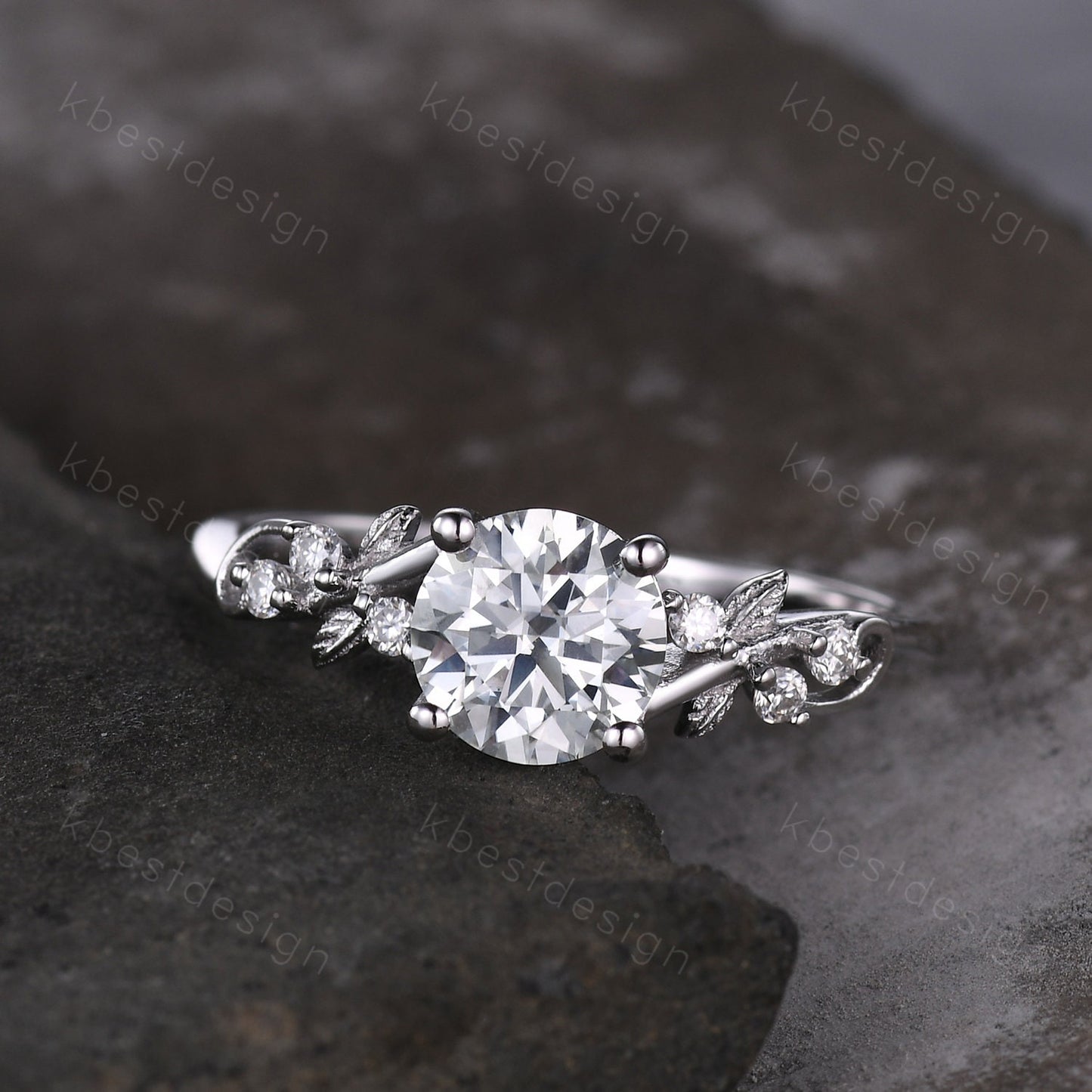 Round cut moissanite engagement ring 14K White gold ring Art deco leaf design wedding ring nature inspired ring bridal promise ring for her