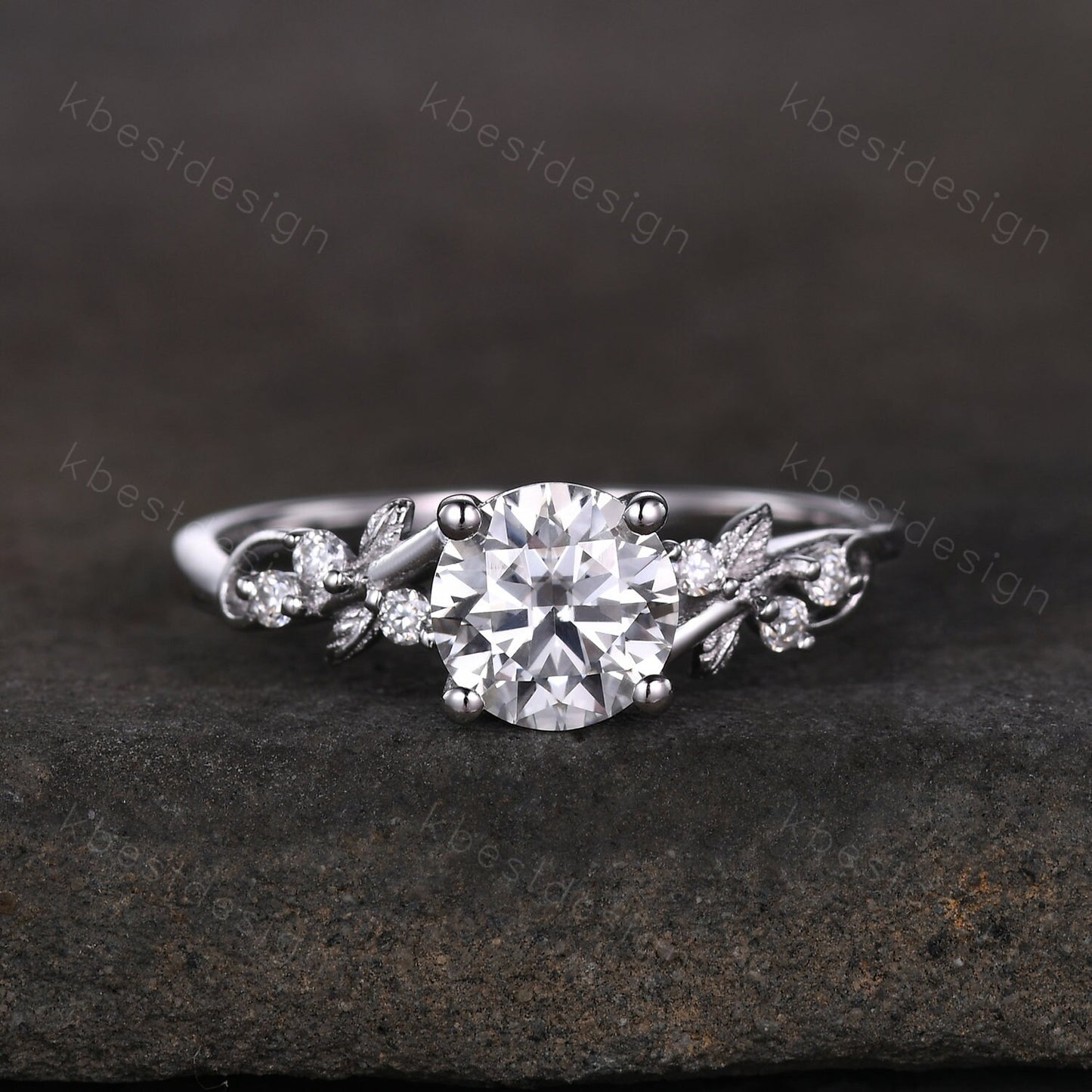 Round cut moissanite engagement ring 14K White gold ring Art deco leaf design wedding ring nature inspired ring bridal promise ring set