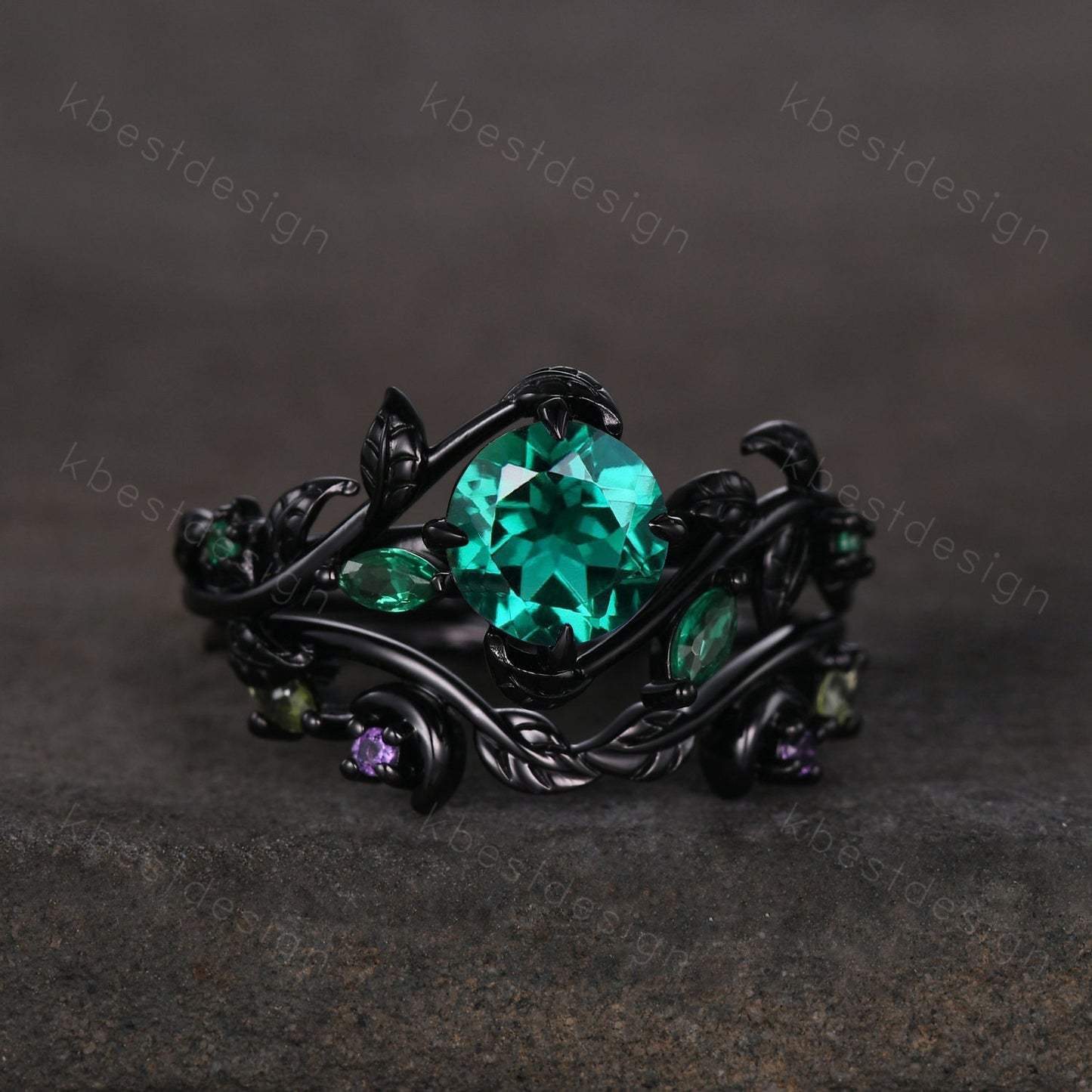 Vintage round cut emerald engagement ring black gold art deco cluster leaf wedding ring set nature inspired bridal promise ring for her