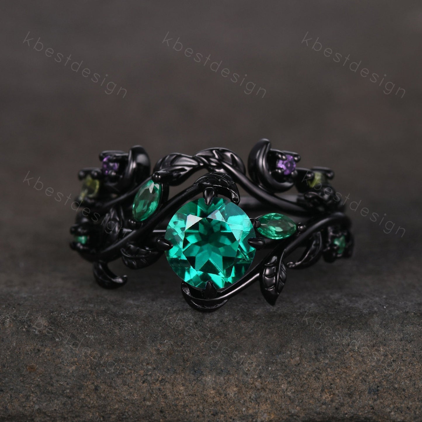 Vintage round cut emerald engagement ring black gold art deco cluster leaf wedding ring set nature inspired bridal promise ring for her