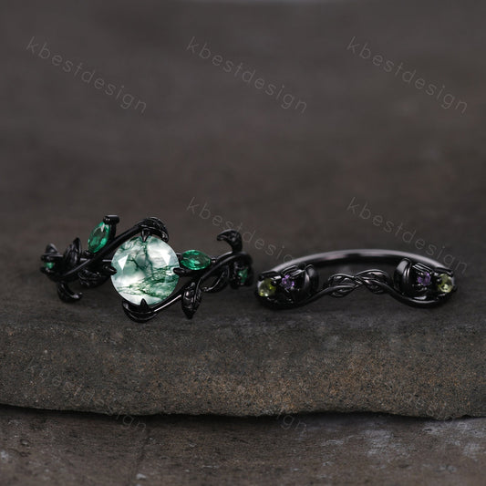 Vintage natural moss agate engagement ring black gold art deco cluster leaf wedding ring set nature inspired bridal promise ring for her