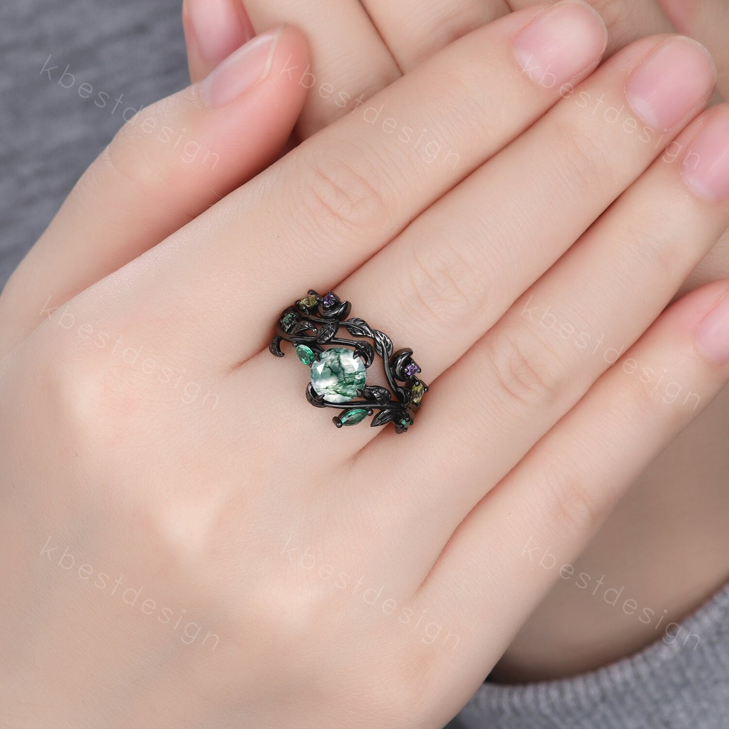 Vintage natural moss agate engagement ring black gold art deco cluster leaf wedding ring set nature inspired bridal promise ring for her