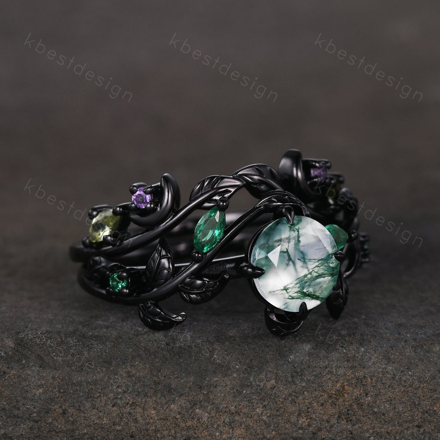 Vintage natural moss agate engagement ring black gold art deco cluster leaf wedding ring set nature inspired bridal promise ring for her