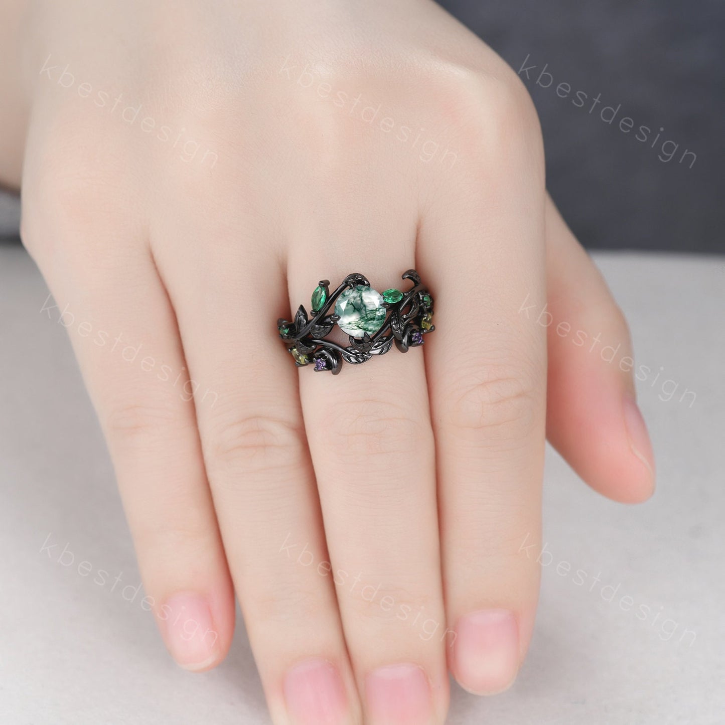 Vintage natural moss agate engagement ring black gold art deco cluster leaf wedding ring set nature inspired bridal promise ring for her