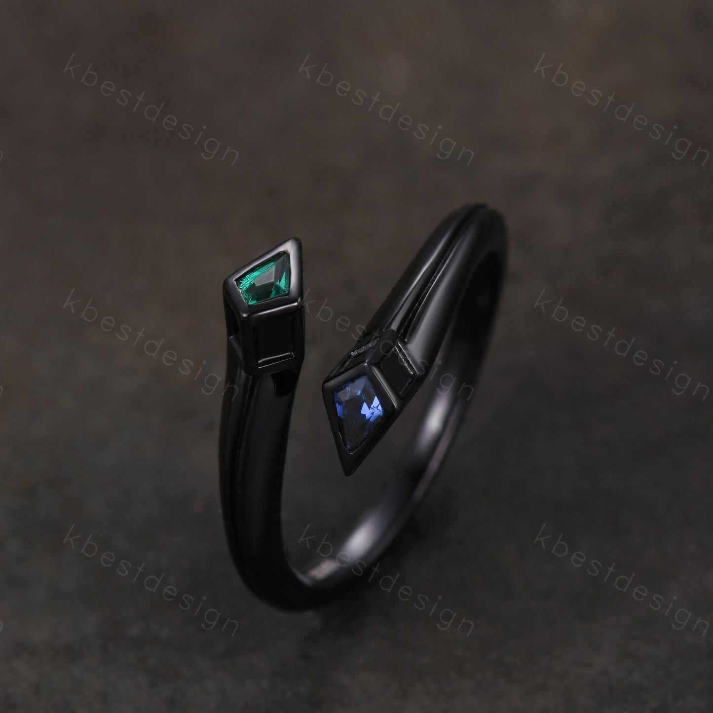 Toi et Moi Ring, Kite cut Emerald & Sapphire Wedding Ring, Black Gold Ring, Unique Open Gap Ring, Personalized Birthstone Ring Gift for Her