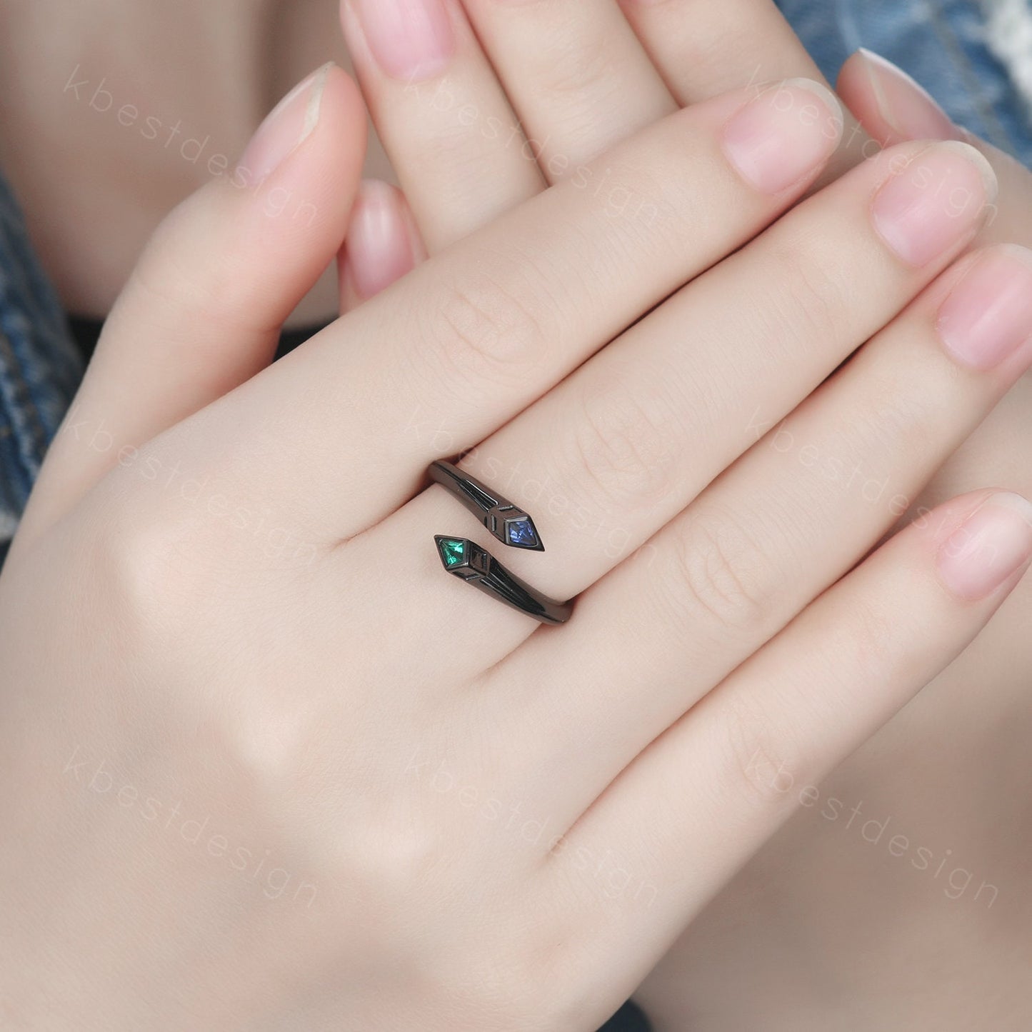 Toi et Moi Ring, Kite cut Emerald & Sapphire Wedding Ring, Black Gold Ring, Unique Open Gap Ring, Personalized Birthstone Ring Gift for Her