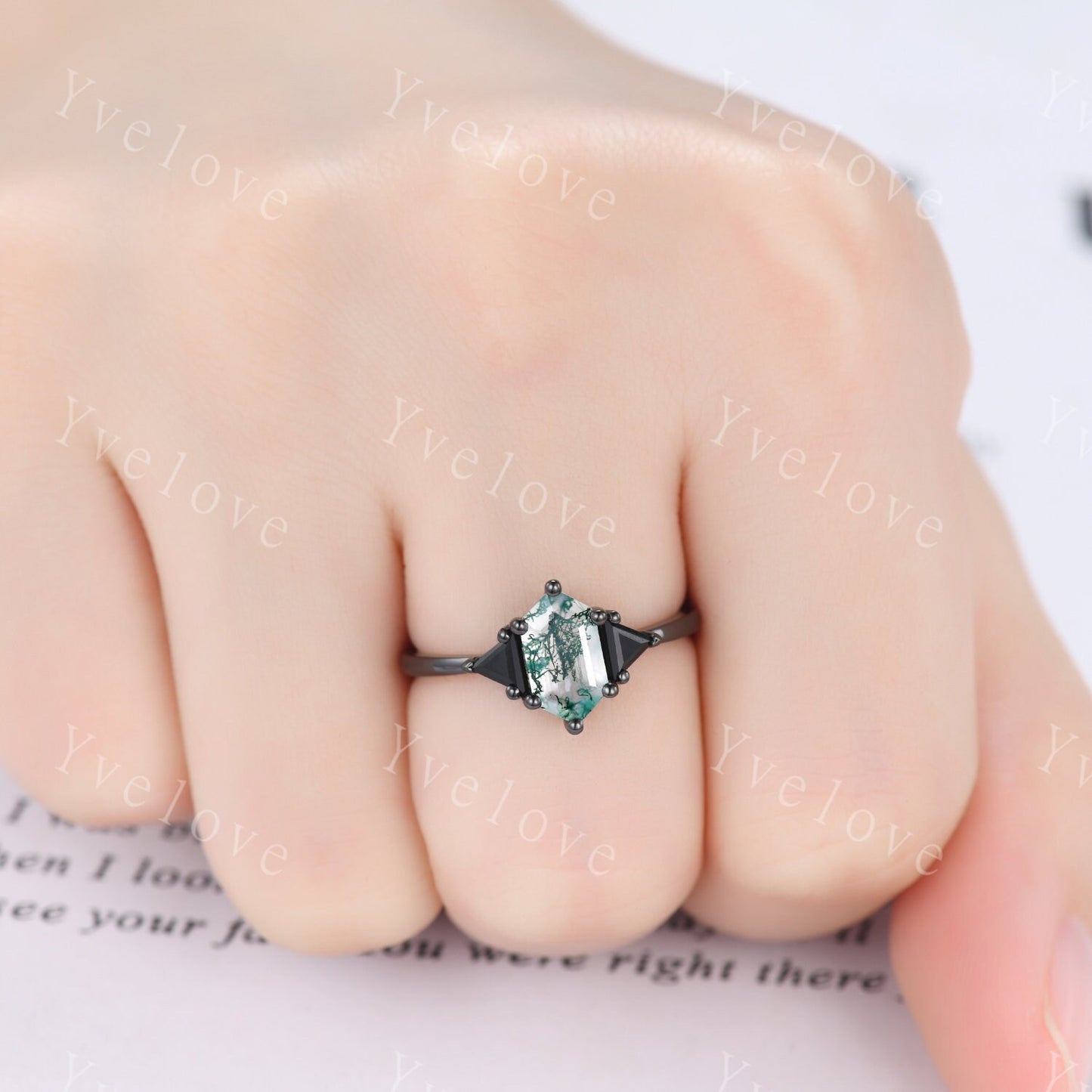 Hexagon Cut Moss Agate Engagement Ring Set,Unique Emerald Matching Stack Ring,Triangle Black Spinel Promise Ring,Anniversary Gift,Black Gold