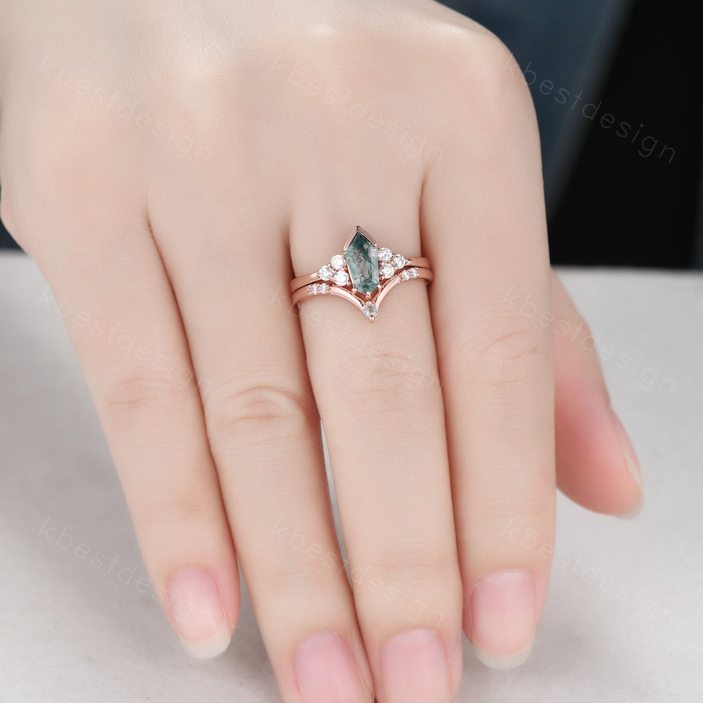 Coffin cut Moss Agate engagement ring set Rose gold ring art deco cluster moissanite ring unique stacking matching band bridal promise ring