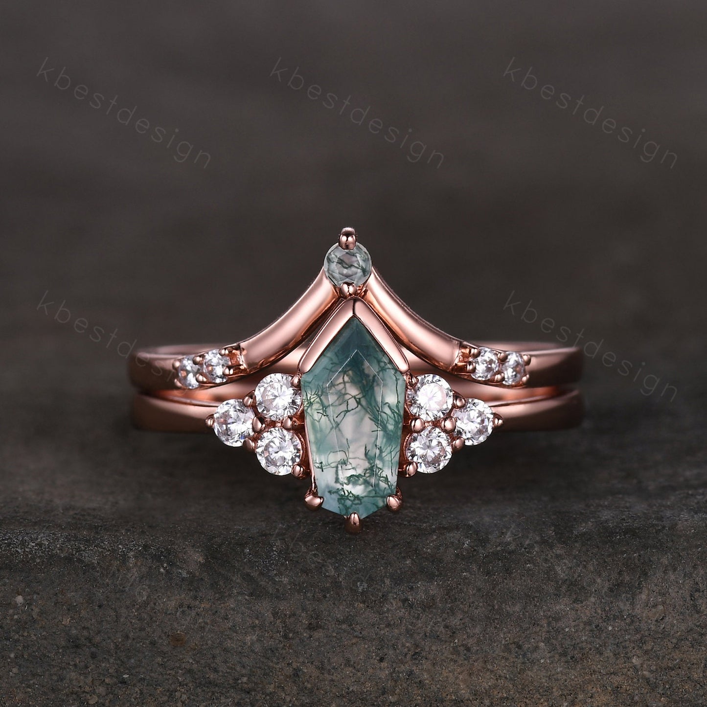 Coffin cut Moss Agate engagement ring set Rose gold ring art deco cluster moissanite ring unique stacking matching band bridal promise ring