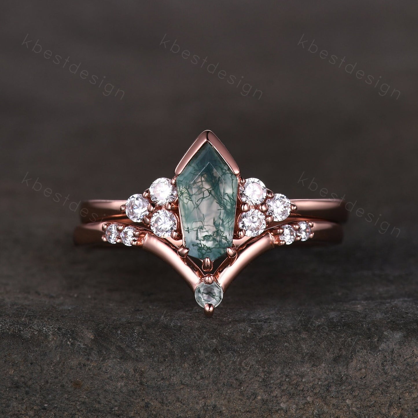 Coffin cut Moss Agate engagement ring set Rose gold ring art deco cluster moissanite ring unique stacking matching band bridal promise ring