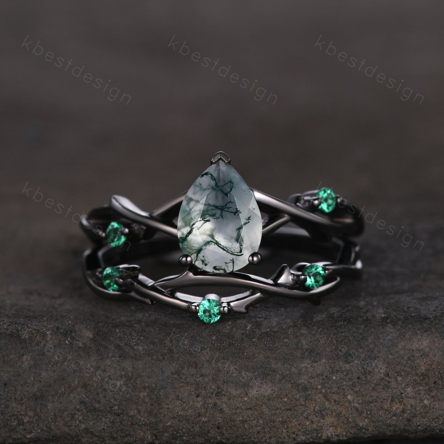 Unique Twig Moss Agate Engagement Ring Gothic Black Gold Rings Vine Emerald Stacking Wedding Band Pear cut Bridal Ring Set Green Agate Ring