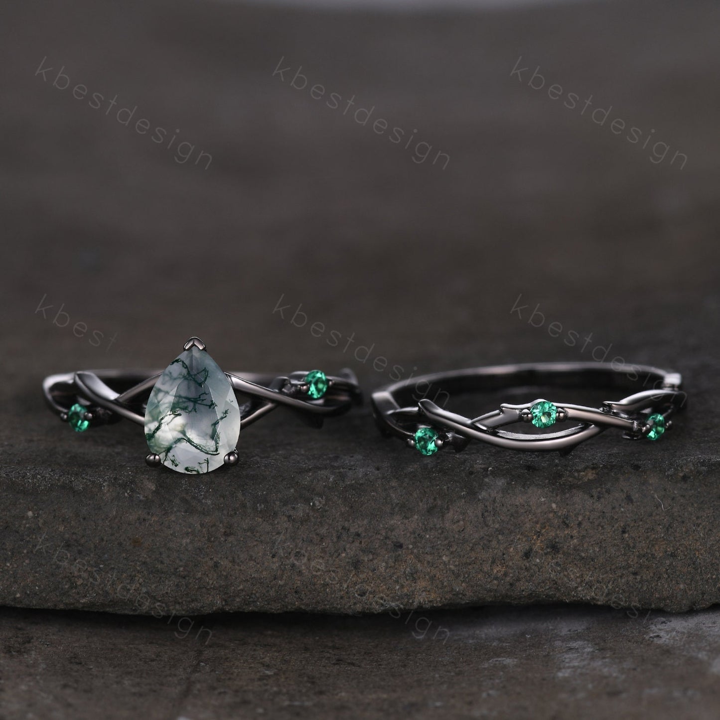 Unique Twig Moss Agate Engagement Ring Gothic Black Gold Rings Vine Emerald Stacking Wedding Band Pear cut Bridal Ring Set Green Agate Ring