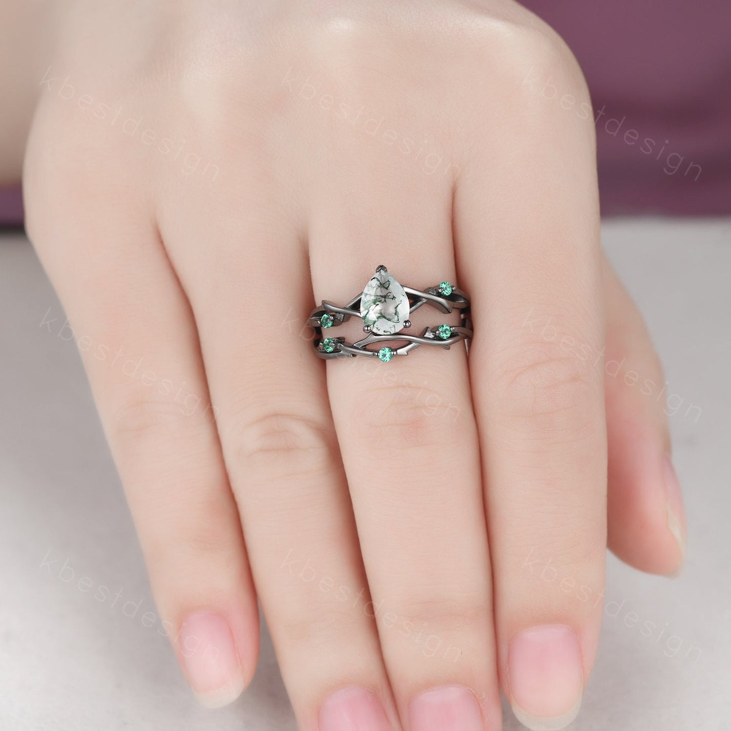 Unique Twig Moss Agate Engagement Ring Gothic Black Gold Rings Vine Emerald Stacking Wedding Band Pear cut Bridal Ring Set Green Agate Ring