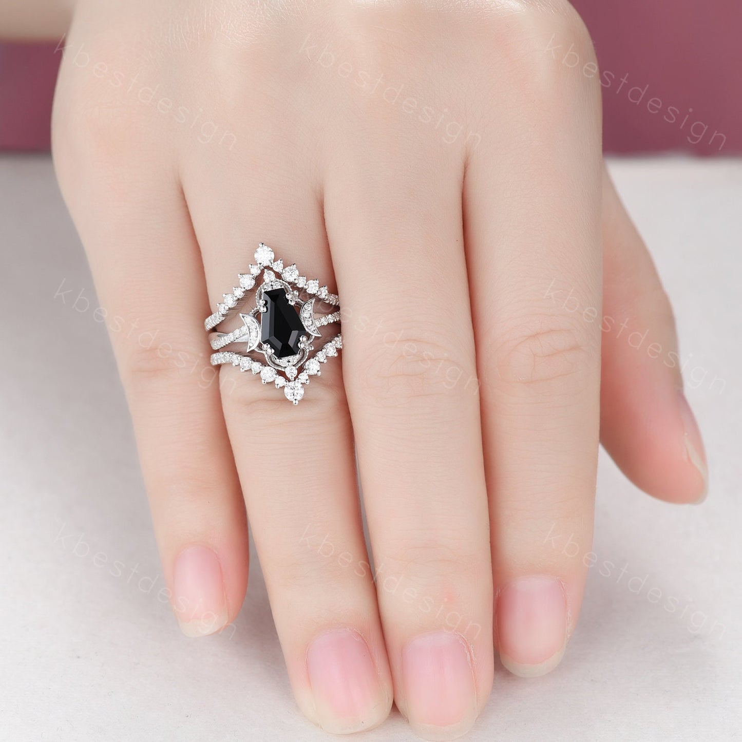 3PCS black onyx engagement ring sterling silver ring art deco curved stacking band coffin shaped bridal set unique moissanite wedding set