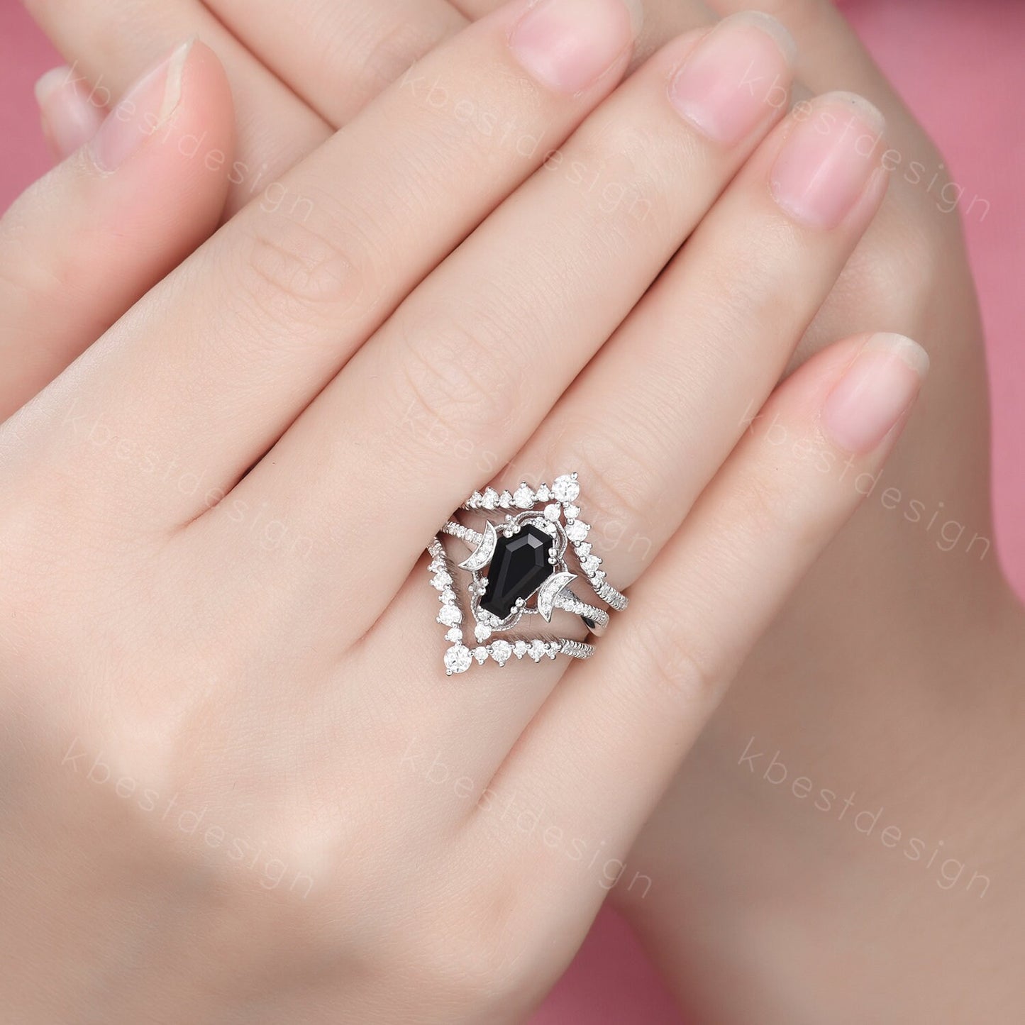 3PCS black onyx engagement ring sterling silver ring art deco curved stacking band coffin shaped bridal set unique moissanite wedding set