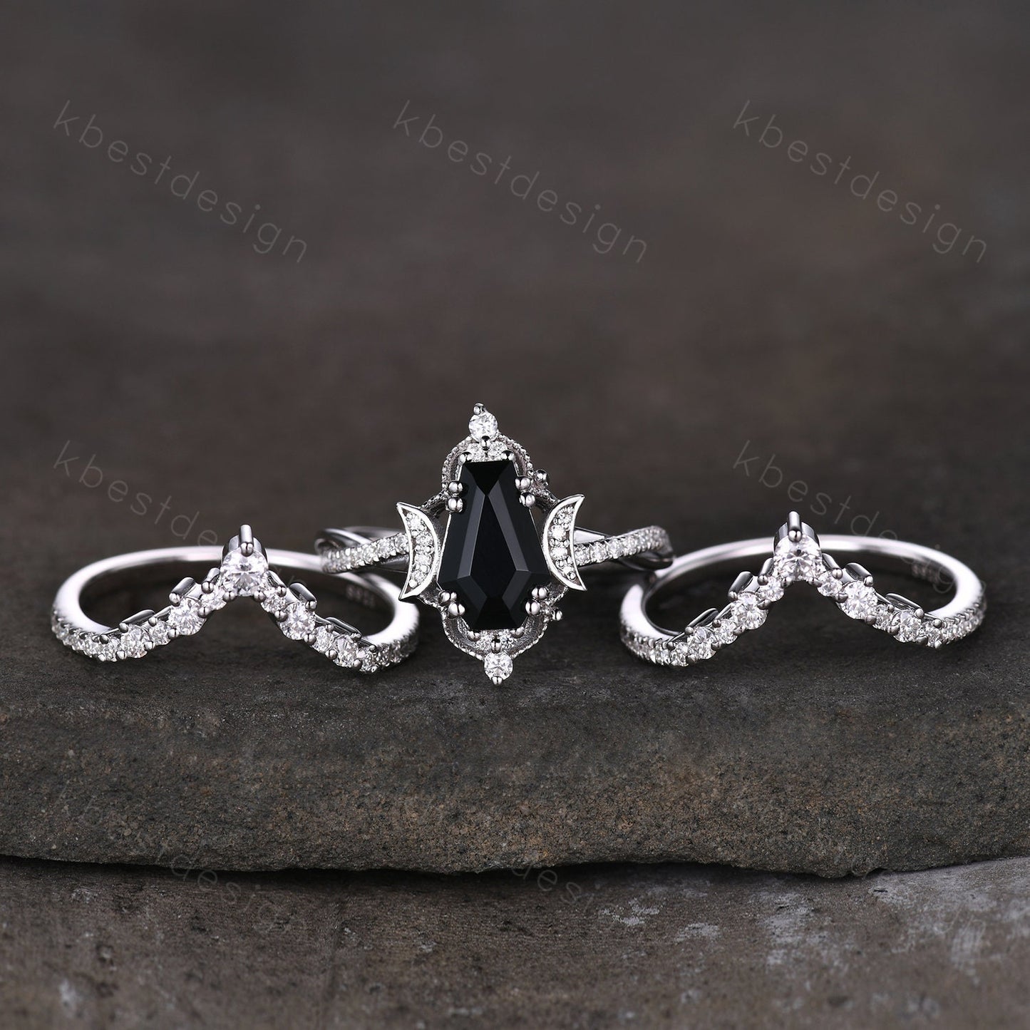 3PCS black onyx engagement ring sterling silver ring art deco curved stacking band coffin shaped bridal set unique moissanite wedding set